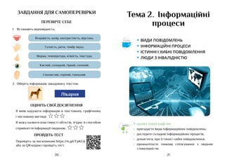 21
20
Тема 2. Інформаційні
процеси
• види повідомлень
• інформаційні процеси
• істинні і хибні повідомлення
• люди з інвалідністю
Аа
У цьому параграфі ви:
•	 пригадаєте види інформаційних повідомлень;
•	 дослідите складові інформаційних процесів;
•	 дізнаєтеся, про істинні і хибні повідомлення;
•	 проаналізуєте тонкощі спілкування з людьми
з інвалідністю.
завдання для самоперевірки
ПЕРЕВІРТЕ СЕБЕ
1.	 Встановіть відповідність.
Яскравість, колір, контрастність, відстань.
Гучність, ритм, тембр звуку.
Форма, температура, м’якість, текстура.
Кислий, солодкий, гіркий, солоний.
Смолистий, горілий, гнильний.
2.	 Оберіть інформацію закодовану текстом.
Лікарня
ОЦІНІТЬ СВОЇ ДОСЯГНЕННЯ
Я вмію кодувати інформацію в текстовому, графічному
і числовому вигляді. ☆☆☆
Я можу назвати властивості об’єктів, згідно зі способом
сприйняття інформації людиною. ☆☆☆
ПРОЙДІТЬ ТЕСТ
Перейдіть за посиланням https://is.gd/FpKGiJ
або за QR-кодом і пройдіть тест.
 