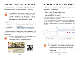 65
64
ключові слова і гіперпосилання
Ключові слова — це слова або набір слів, за якими
здійснюється пошук потрібної інформації в інтернеті.
Введіть у рядок пошуку браузера ключові слова,
наприклад такі, як на малюнку. Натисніть іконку
«Пошук». Порівняйте свій результат з тим, що
зображено на малюнку. Щоб покращити точність
пошуку, ключові слова треба взяти у лапки.
?
Гіперпосилання — це фрагмент тексту, малюнок або
символ, що допомагають здійснювати перехід на інші веб-
сторінки сайту.
Дослідіть на комп’ютері вебсайт за QR-кодом або
за адресою http://kazki-svitu.org.ua/
Які гіперпосилання є на цій вебсторінці?
?
pepi.com.ua ’ Розмальовки ▼
Розмальовки з мультфільмів - скачати або роздрукувати
Розмальовки з мультфільмів, улюблені герої ваших дітей тепер
можливо роздрукувати в домашніх умовах. Принцеси, русалки, ніндзя...
www.supercoloring.com ’ mu... ▼
Розмальовки - Мультфільми │ Картинки-розмальовки...
Мультфільми Розмальовки. Безкоштовні розмальовки на будь-який
смак і для дітей різного віку.
Розмальовки
з мультфільмів
«Розмальовки
з мультфільмів»
надійність сайтів ТА інформації
Щоб визначити надійність вебсайту, слід звертати увагу
на елементи в його адресі:
.gov — сайти державних установ;
.edu — освітні заклади, університети;
.com — комерційні організації;
.org — громадські організації.
Найбільш надійну (перевірену) інформацію містять сайти
державних та освітніх установ.
Знайти інформацію в книжці допомагають закладки. Щоб
додати вебсторінку в закладки у браузері Google Chrome,
треба натиснути на кнопку «Зробити закладку для цієї
вкладки».
За допомогою вчителя або вчительки потренуй-
теся працювати із закладками у вашому браузері.
•	 Додайте кілька вебсторінок у меню закладок.
•	 У довільному порядку відкрийте збережені
вебсторінки.
•	 Видаліть непотрібні вебсторінки.
?
1
1 — зробити закладку
для цієї вкладки
2 — меню закладок
3 — сховані закладки
2 3
 
