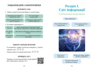 13
12
Розділ 1.
Світ інформації
Наслідки порушення
авторського права.
Авторське право і добро-
чесність у навчанні.
Склад інформаційних
процесів.
Властивості
інформації.
Види інформації.
Види інформаційних
повідомлень.
У цьому розділі ми дослідимо:
ПРОЙДІТЬ ТЕСТ
Перейдіть за посиланням https://is.gd/uqDSOD
або за QR-кодом і пройдіть тест.
завдання для самоперевірки
ПЕРЕВІРТЕ СЕБЕ
1.	 Оберіть правила безпечної роботи з комп’ютером.
Дотримуватися порядку
на робочому місці
Їсти і пити поряд
з комп’ютером
Торкатися руками екрана та
дротів з’єднання
Розпочинати роботу лише
з дозволу дорослих
2.	 Встановіть відповідність.
Монітор
корпус комп’ютера, в який вмонтовано
пристрої для збереження і обробки інформації.
Системний
блок
пристрій для управління курсором і введення
команд.
Комп’ютерна
мишка
на екран виводиться зображення при роботі
комп’ютера.
ОЦІНІТЬ СВОЇ ДОСЯГНЕННЯ
Я дотримуюсь правил безпечної поведінки у комп’ю-
терному класі. ☆☆☆
Я можу назвати складові комп’ютера. ☆☆☆
 
