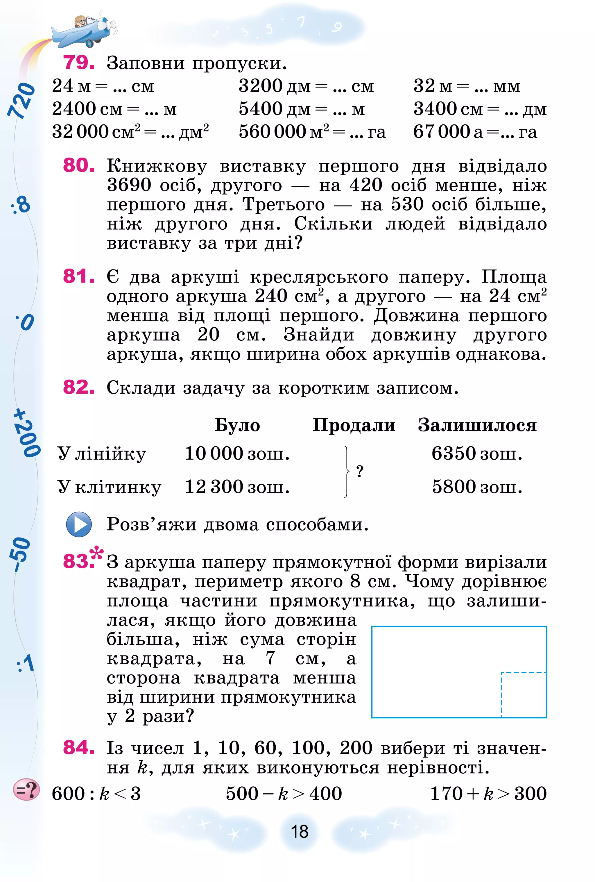 +
2
0
0
7
2
0
–
5
0
8
0
1
18
79. Çàïîâíè ïðîïóñêè.
24 ì = … ñì 3200 äì = … ñì 32 ì = … ìì
2400 ñì = … ì 5400 äì = … ì 3400 ñì = … äì
32000ñì2
=…äì2
560000ì2
=…ãà 67000à=…ãà
80. Êíèæêîâó âèñòàâêó ïåðøîãî äíÿ âіäâіäàëî
3690 îñіá, äðóãîãî — íà 420 îñіá ìåíøå, íіæ
ïåðøîãî äíÿ. Òðåòüîãî — íà 530 îñіá áіëüøå,
íіæ äðóãîãî äíÿ. Ñêіëüêè ëþäåé âіäâіäàëî
âèñòàâêó çà òðè äíі?
81. Є äâà àðêóøі êðåñëÿðñüêîãî ïàïåðó. Ïëîùà
îäíîãî àðêóøà 240 ñì2
, à äðóãîãî — íà 24 ñì2
ìåíøà âіä ïëîùі ïåðøîãî. Äîâæèíà ïåðøîãî
àðêóøà 20 ñì. Çíàéäè äîâæèíó äðóãîãî
àðêóøà, ÿêùî øèðèíà îáîõ àðêóøіâ îäíàêîâà.
82. Ñêëàäè çàäà÷ó çà êîðîòêèì çàïèñîì.
Áóëî Ïðîäàëè Çàëèøèëîñÿ
Ó ëіíіéêó 10 000 çîø.
?
6350 çîø.
Ó êëіòèíêó 12 300 çîø. 5800 çîø.
Ðîçâ’ÿæè äâîìà ñïîñîáàìè.
83. Ç àðêóøà ïàïåðó ïðÿìîêóòíîї ôîðìè âèðіçàëè
êâàäðàò, ïåðèìåòð ÿêîãî 8 ñì. ×îìó äîðіâíþє
ïëîùà ÷àñòèíè ïðÿìîêóòíèêà, ùî çàëèøè-
ëàñÿ, ÿêùî éîãî äîâæèíà
áіëüøà, íіæ ñóìà ñòîðіí
êâàäðàòà, íà 7 ñì, à
ñòîðîíà êâàäðàòà ìåíøà
âіä øèðèíè ïðÿìîêóòíèêà
ó 2 ðàçè?
84. Іç ÷èñåë 1, 10, 60, 100, 200 âèáåðè òі çíà÷åí-
íÿ k, äëÿ ÿêèõ âèêîíóþòüñÿ íåðіâíîñòі.
600 : k < 3 500 – k > 400 170 + k > 300
 