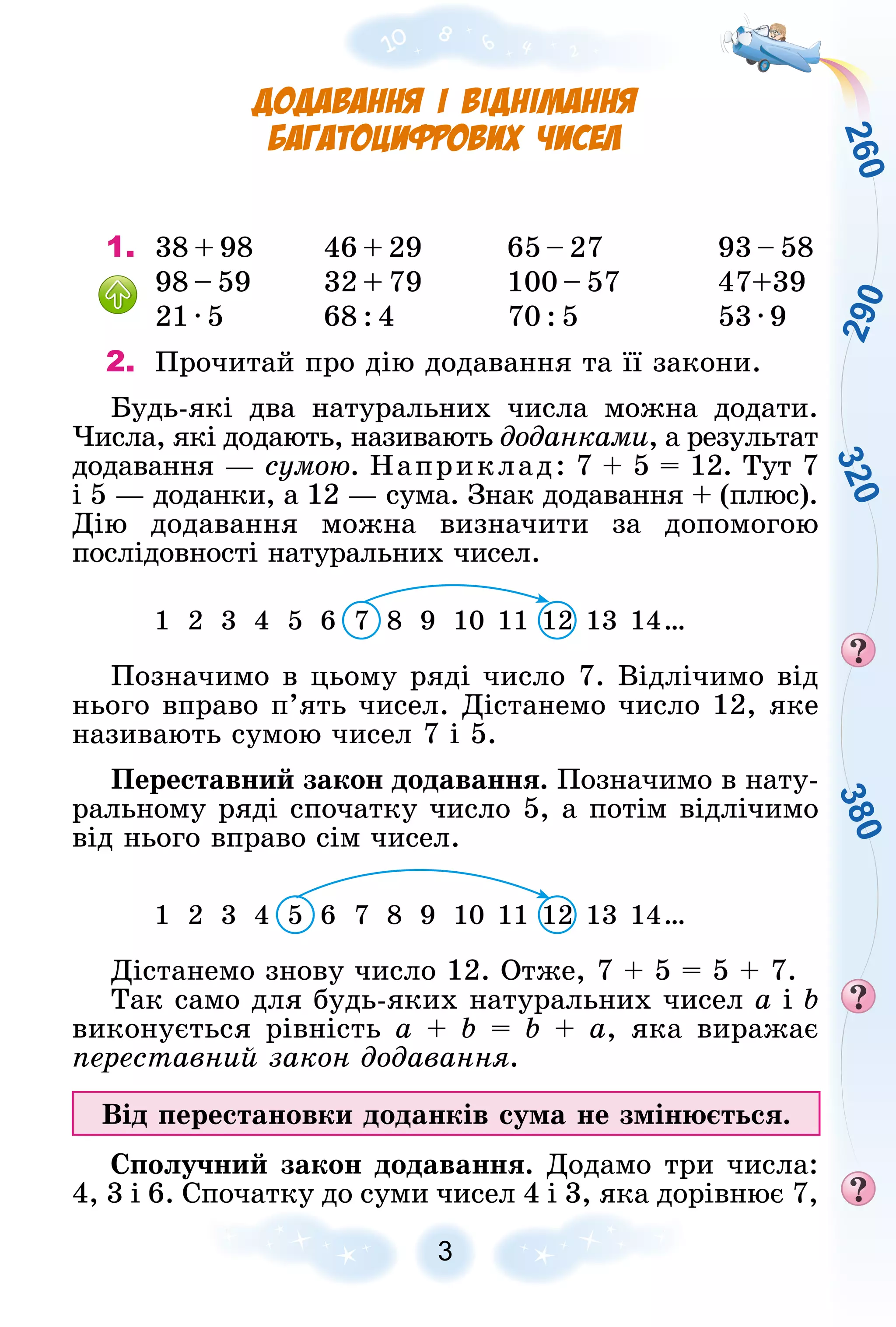 2
6
0
2
9
0
3
2
0
3
8
0
3
Додавання і віднімання
багатоцифрових чисел
1. 38 + 98 46 + 29 65 – 27 93 – 58
98 – 59 32 + 79 100 – 57 47+39
21 · 5 68 : 4 70 : 5 53 · 9
2. Ïðî÷èòàé ïðî äіþ äîäàâàííÿ òà її çàêîíè.
Áóäü-ÿêі äâà íàòóðàëüíèõ ÷èñëà ìîæíà äîäàòè.
×èñëà, ÿêі äîäàþòü, íàçèâàþòü äîäàíêàìè, à ðåçóëüòàò
äîäàâàííÿ — ñóìîþ. Íàïðèêëàä: 7 + 5 = 12. Òóò 7
і 5 — äîäàíêè, à 12 — ñóìà. Çíàê äîäàâàííÿ + (ïëþñ).
Äіþ äîäàâàííÿ ìîæíà âèçíà÷èòè çà äîïîìîãîþ
ïîñëіäîâíîñòі íàòóðàëüíèõ ÷èñåë.
1 2 3 4 5 6 7 8 9 10 11 12 13 14…
7
7
Ïîçíà÷èìî â öüîìó ðÿäі ÷èñëî 7. Âіäëі÷èìî âіä
íüîãî âïðàâî ï’ÿòü ÷èñåë. Äіñòàíåìî ÷èñëî 12, ÿêå
íàçèâàþòü ñóìîþ ÷èñåë 7 і 5.
Ïåðåñòàâíèé çàêîí äîäàâàííÿ. Ïîçíà÷èìî â íàòó-
ðàëüíîìó ðÿäі ñïî÷àòêó ÷èñëî 5, à ïîòіì âіäëі÷èìî
âіä íüîãî âïðàâî ñіì ÷èñåë.
1 2 3 4 5 6 7 8 9 10 11 12 13 14…
5
5
Äіñòàíåìî çíîâó ÷èñëî 12. Îòæå, 7 + 5 = 5 + 7.
Òàê ñàìî äëÿ áóäü-ÿêèõ íàòóðàëüíèõ ÷èñåë a і b
âèêîíóєòüñÿ ðіâíіñòü a + b = b + a, ÿêà âèðàæàє
ïåðåñòàâíèé çàêîí äîäàâàííÿ.
Âіä ïåðåñòàíîâêè äîäàíêіâ ñóìà íå çìіíþєòüñÿ.
Ñïîëó÷íèé çàêîí äîäàâàííÿ. Äîäàìî òðè ÷èñëà:
4, 3 і 6. Ñïî÷àòêó äî ñóìè ÷èñåë 4 і 3, ÿêà äîðіâíþє 7,
 