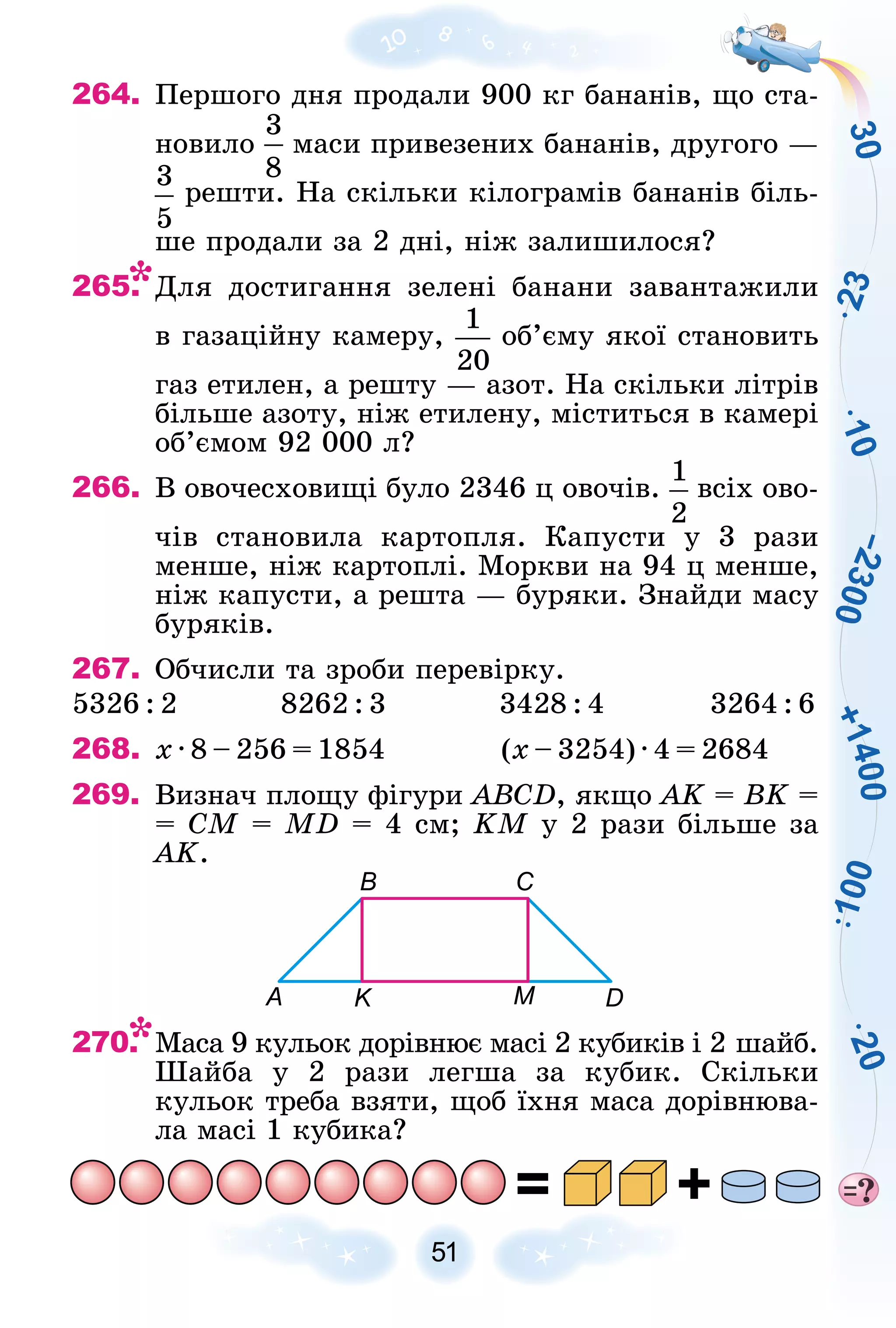 3
0
–
2
3
0
0
+
1
4
0
0
2
3
1
0
2
0
1
0
0
51
264. Ïåðøîãî äíÿ ïðîäàëè 900 êã áàíàíіâ, ùî ñòà-
íîâèëî ìàñè ïðèâåçåíèõ áàíàíіâ, äðóãîãî —
ðåøòè. Íà ñêіëüêè êіëîãðàìіâ áàíàíіâ áіëü-
øå ïðîäàëè çà 2 äíі, íіæ çàëèøèëîñÿ?
265. Äëÿ äîñòèãàííÿ çåëåíі áàíàíè çàâàíòàæèëè
â ãàçàöіéíó êàìåðó, îá’єìó ÿêîї ñòàíîâèòü
ãàç åòèëåí, à ðåøòó — àçîò. Íà ñêіëüêè ëіòðіâ
áіëüøå àçîòó, íіæ åòèëåíó, ìіñòèòüñÿ â êàìåðі
îá’єìîì 92 000 ë?
266. Â îâî÷åñõîâèùі áóëî 2346 ö îâî÷іâ. âñіõ îâî-
÷іâ ñòàíîâèëà êàðòîïëÿ. Êàïóñòè ó 3 ðàçè
ìåíøå, íіæ êàðòîïëі. Ìîðêâè íà 94 ö ìåíøå,
íіæ êàïóñòè, à ðåøòà — áóðÿêè. Çíàéäè ìàñó
áóðÿêіâ.
267. Îá÷èñëè òà çðîáè ïåðåâіðêó.
5326 : 2 8262 : 3 3428 : 4 3264 : 6
268. õ ∙ 8 – 256 = 1854 (õ – 3254) ∙ 4 = 2684
269. Âèçíà÷ ïëîùó ôіãóðè ÀBCD, ÿêùî ÀK =
K ÂK =
= ÑÌ = ÌD = 4 ñì; KÌ ó 2 ðàçè áіëüøå çà
ÀK.
B
A K M D
С
270. Ìàñà 9 êóëüîê äîðіâíþє ìàñі 2 êóáèêіâ і 2 øàéá.
Øàéáà ó 2 ðàçè ëåãøà çà êóáèê. Ñêіëüêè
êóëüîê òðåáà âçÿòè, ùîá їõíÿ ìàñà äîðіâíþâà-
ëà ìàñі 1 êóáèêà?
 