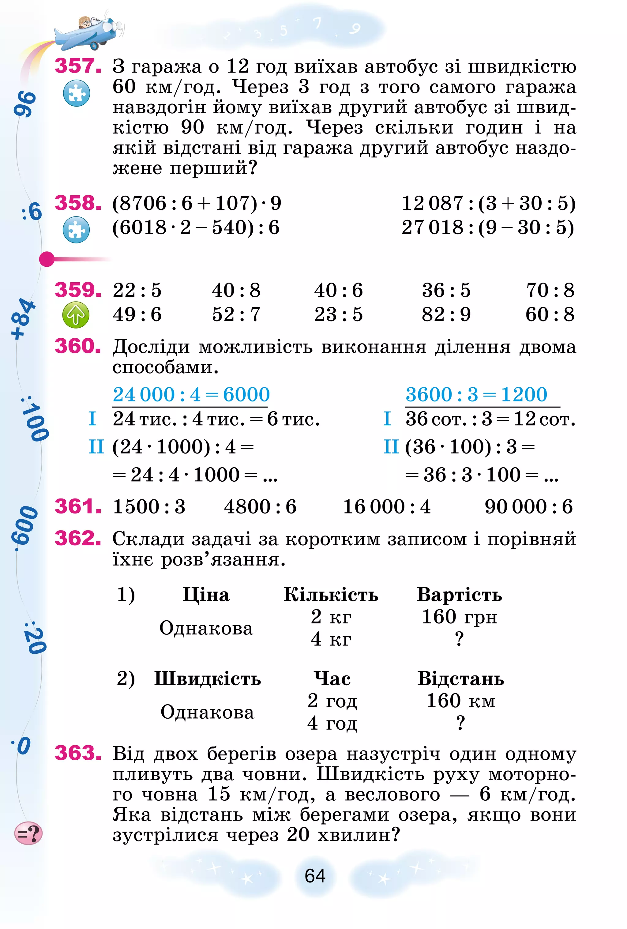 6
0
0
1
0
0
6
2
0
9
6
0
+
8
4
64
357. Ç ãàðàæà î 12 ãîä âèїõàâ àâòîáóñ çі øâèäêіñòþ
60 êì/ãîä. ×åðåç 3 ãîä ç òîãî ñàìîãî ãàðàæà
íàâçäîãіí éîìó âèїõàâ äðóãèé àâòîáóñ çі øâèä-
êіñòþ 90 êì/ãîä. ×åðåç ñêіëüêè ãîäèí і íà
ÿêіé âіäñòàíі âіä ãàðàæà äðóãèé àâòîáóñ íàçäî-
æåíå ïåðøèé?
358. (8706 : 6 + 107) · 9 12 087 : (3 + 30 : 5)
(6018 · 2 – 540) : 6 27 018 : (9 – 30 : 5)
359. 22 : 5 40 : 8 40 : 6 36 : 5 70 : 8
49 : 6 52 : 7 23 : 5 82 : 9 60 : 8
360. Äîñëіäè ìîæëèâіñòü âèêîíàííÿ äіëåííÿ äâîìà
ñïîñîáàìè.
24 000 : 4 = 6000 3600 : 3 = 1200
І 24 òèñ. : 4 òèñ. = 6 òèñ. І 36ñîò.:3=12ñîò.
ІІ (24 · 1000) : 4 = ІІ (36 · 100) : 3 =
= 24 : 4 · 1000 = … = 36 : 3 · 100 = …
361. 1500 : 3 4800 : 6 16 000 : 4 90 000 : 6
362. Ñêëàäè çàäà÷і çà êîðîòêèì çàïèñîì і ïîðіâíÿé
їõíє ðîçâ’ÿçàííÿ.
1) Öіíà Êіëüêіñòü Âàðòіñòü
Îäíàêîâà
2 êã 160 ãðí
4 êã ?
2) Øâèäêіñòü ×àñ Âіäñòàíü
Îäíàêîâà
2 ãîä 160 êì
4 ãîä ?
363. Âіä äâîõ áåðåãіâ îçåðà íàçóñòðі÷ îäèí îäíîìó
ïëèâóòü äâà ÷îâíè. Øâèäêіñòü ðóõó ìîòîðíî-
ãî ÷îâíà 15 êì/ãîä, à âåñëîâîãî — 6 êì/ãîä.
ßêà âіäñòàíü ìіæ áåðåãàìè îçåðà, ÿêùî âîíè
çóñòðіëèñÿ ÷åðåç 20 õâèëèí?
 