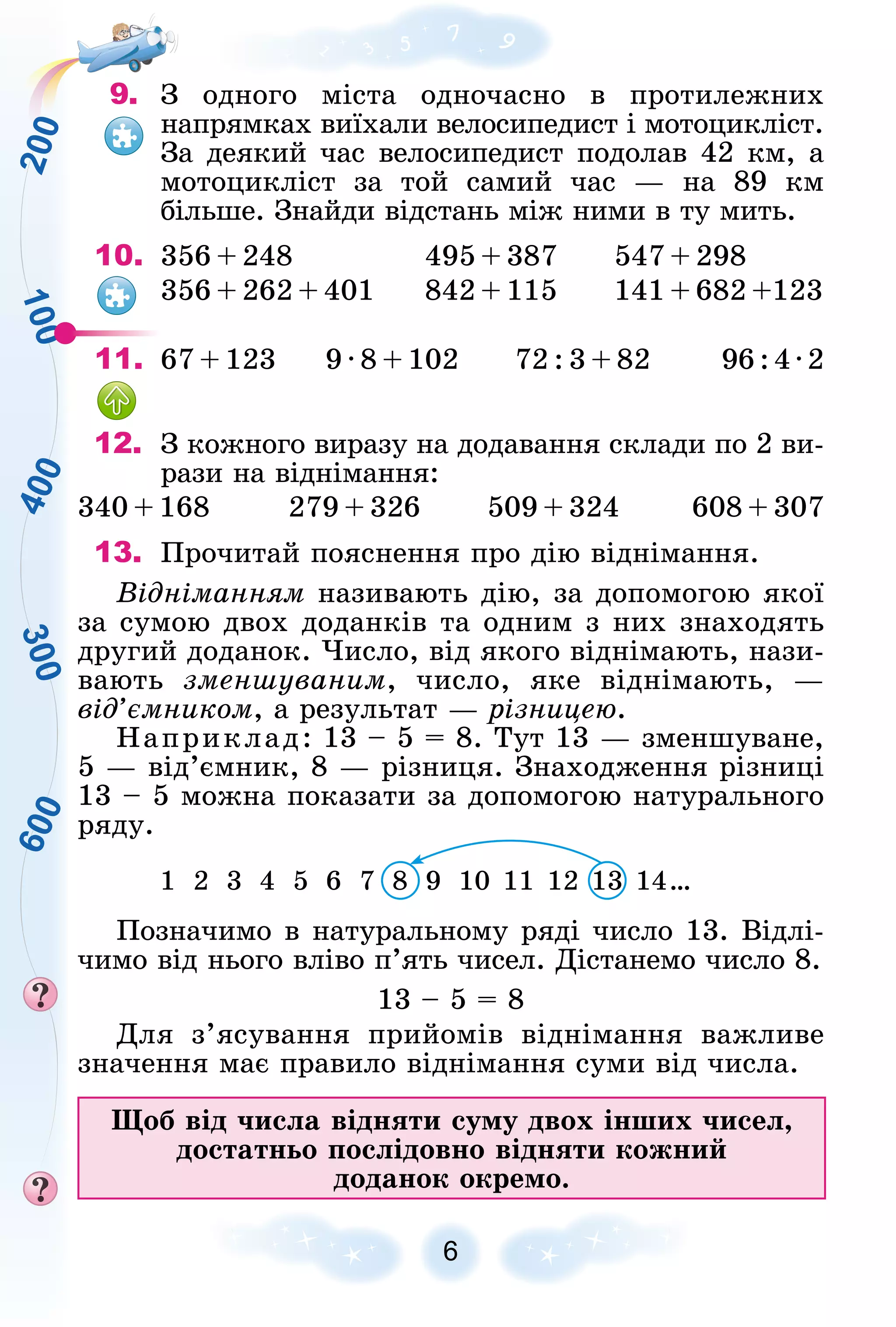 1
0
0
3
0
0
4
0
0
6
0
0
2
0
0
6
9. Ç îäíîãî ìіñòà îäíî÷àñíî â ïðîòèëåæíèõ
íàïðÿìêàõ âèїõàëè âåëîñèïåäèñò і ìîòîöèêëіñò.
Çà äåÿêèé ÷àñ âåëîñèïåäèñò ïîäîëàâ 42 êì, à
ìîòîöèêëіñò çà òîé ñàìèé ÷àñ — íà 89 êì
áіëüøå. Çíàéäè âіäñòàíü ìіæ íèìè â òó ìèòü.
10. 356 + 248 495 + 387 547 + 298
356 + 262 + 401 842 + 115 141 + 682 +123
11. 67 + 123 9 · 8 + 102 72 : 3 + 82 96:4·2
12. Ç êîæíîãî âèðàçó íà äîäàâàííÿ ñêëàäè ïî 2 âè-
ðàçè íà âіäíіìàííÿ:
340 + 168 279 + 326 509 + 324 608 + 307
13. Ïðî÷èòàé ïîÿñíåííÿ ïðî äіþ âіäíіìàííÿ.
Âіäíіìàííÿì íàçèâàþòü äіþ, çà äîïîìîãîþ ÿêîї
çà ñóìîþ äâîõ äîäàíêіâ òà îäíèì ç íèõ çíàõîäÿòü
äðóãèé äîäàíîê. ×èñëî, âіä ÿêîãî âіäíіìàþòü, íàçè-
âàþòü çìåíøóâàíèì, ÷èñëî, ÿêå âіäíіìàþòü, —
âіä’єìíèêîì, à ðåçóëüòàò — ðіçíèöåþ.
Íàïðèêëàä: 13 – 5 = 8. Òóò 13 — çìåíøóâàíå,
5 — âіä’єìíèê, 8 — ðіçíèöÿ. Çíàõîäæåííÿ ðіçíèöі
13 – 5 ìîæíà ïîêàçàòè çà äîïîìîãîþ íàòóðàëüíîãî
ðÿäó.
1 2 3 4 5 6 7 8 9 10 11 12 13 14…
8
8
Ïîçíà÷èìî â íàòóðàëüíîìó ðÿäі ÷èñëî 13. Âіäëі-
÷èìî âіä íüîãî âëіâî ï’ÿòü ÷èñåë. Äіñòàíåìî ÷èñëî 8.
13 – 5 = 8
Äëÿ ç’ÿñóâàííÿ ïðèéîìіâ âіäíіìàííÿ âàæëèâå
çíà÷åííÿ ìàє ïðàâèëî âіäíіìàííÿ ñóìè âіä ÷èñëà.
Ùîá âіä ÷èñëà âіäíÿòè ñóìó äâîõ іíøèõ ÷èñåë,
äîñòàòíüî ïîñëіäîâíî âіäíÿòè êîæíèé
äîäàíîê îêðåìî.
 