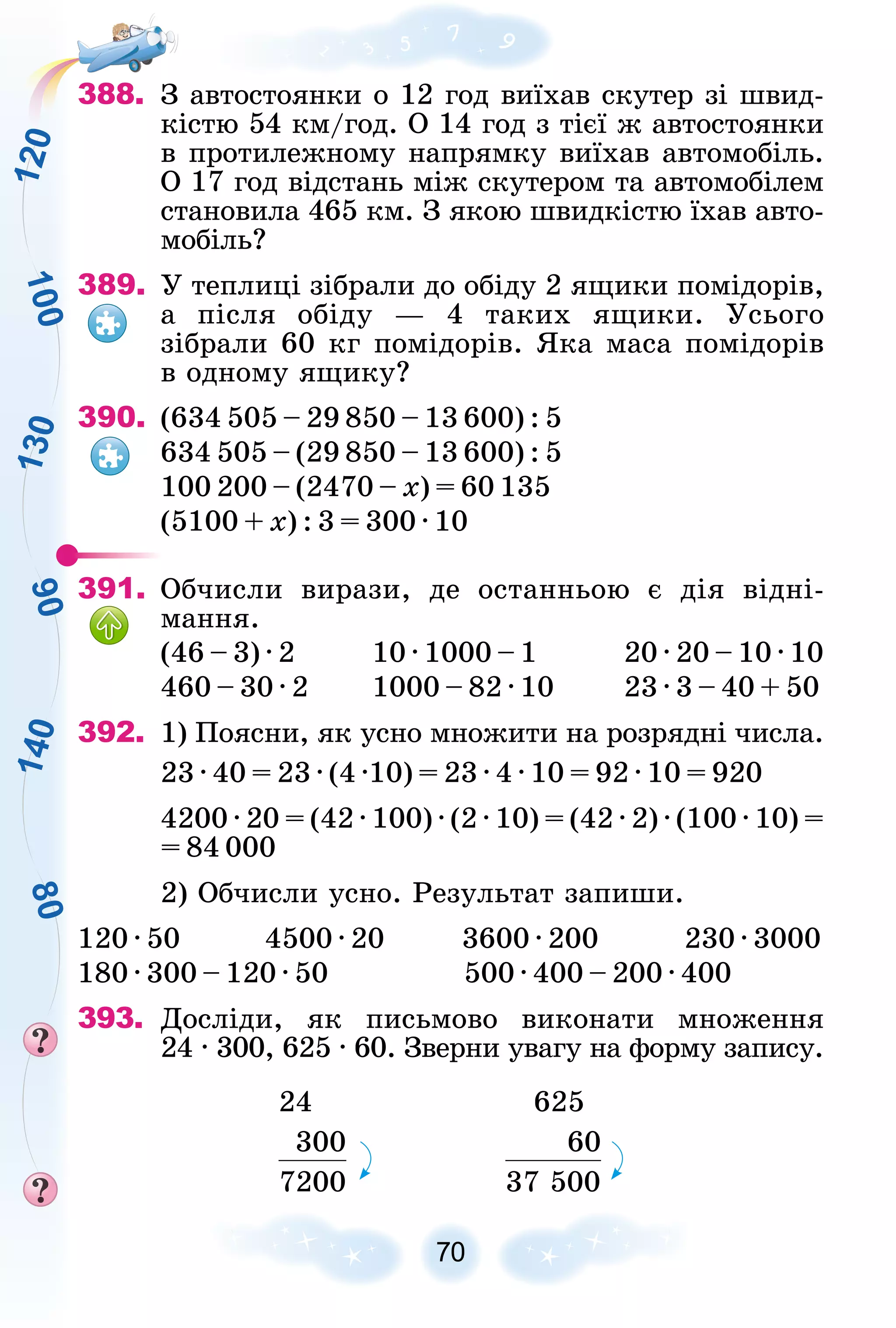 1
2
0
1
3
0
1
4
0
1
0
0
9
0
8
0
70
388. Ç àâòîñòîÿíêè î 12 ãîä âèїõàâ ñêóòåð çі øâèä-
êіñòþ 54 êì/ãîä. Î 14 ãîä ç òієї æ àâòîñòîÿíêè
â ïðîòèëåæíîìó íàïðÿìêó âèїõàâ àâòîìîáіëü.
Î 17 ãîä âіäñòàíü ìіæ ñêóòåðîì òà àâòîìîáіëåì
ñòàíîâèëà 465 êì. Ç ÿêîþ øâèäêіñòþ їõàâ àâòî-
ìîáіëü?
389. Ó òåïëèöі çіáðàëè äî îáіäó 2 ÿùèêè ïîìіäîðіâ,
à ïіñëÿ îáіäó — 4 òàêèõ ÿùèêè. Óñüîãî
çіáðàëè 60 êã ïîìіäîðіâ. ßêà ìàñà ïîìіäîðіâ
â îäíîìó ÿùèêó?
390. (634 505 – 29 850 – 13 600) : 5
634 505 – (29 850 – 13 600) : 5
100 200 – (2470 – õ) = 60 135
(5100 + õ) : 3 = 300 · 10
391. Îá÷èñëè âèðàçè, äå îñòàííüîþ є äіÿ âіäíі-
ìàííÿ.
(46 – 3) · 2 10 · 1000 – 1 20 · 20 – 10 · 10
460 – 30 · 2 1000 – 82 · 10 23 · 3 – 40 + 50
392. 1) Ïîÿñíè, ÿê óñíî ìíîæèòè íà ðîçðÿäíі ÷èñëà.
23 · 40 = 23 · (4 ·10) = 23 · 4 · 10 = 92 · 10 = 920
4200 · 20 = (42 · 100) · (2 · 10) = (42 · 2) · (100 · 10) =
= 84 000
2) Îá÷èñëè óñíî. Ðåçóëüòàò çàïèøè.
120 · 50 4500 · 20 3600 · 200 230 · 3000
180 · 300 – 120 · 50 500 · 400 – 200 · 400
393. Äîñëіäè, ÿê ïèñüìîâî âèêîíàòè ìíîæåííÿ
24 · 300, 625 · 60. Çâåðíè óâàãó íà ôîðìó çàïèñó.
24
300
7200
625
60
37 500
 