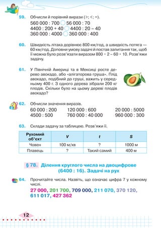 12
59.	 Обчисли й порівняй вирази (>; <; =).
560 000 : 700 56 000 : 70
4400 : 200 + 40 4400 : 20 – 40
360 000 : 4000 360 000 : 400
60.	 Швидкість літака дорівнює 800 км/год, а швидкість потяга —
60 км/год. Доповни умову задачі й постав запитання так, щоб
її можна було розв’язати виразом 800 • 2 – 60 • 10. Розв’яжи
задачу.
61.	 У Північній Америці та в Мексиці росте де-
рево авокадо, або «алігаторова груша». Плід
авокадо, подібний до груші, важить у серед-
ньому 400 г. З одного дерева зібрали 200 кг
плодів. Скільки було на цьому дереві плодів
авокадо?
62.	 Обчисли значення виразів.
60 000 : 200	 120 000 : 600		 20 000 : 5000
4500 : 500		 760 000 : 40 000		 960 000 : 300
63.	 Склади задачу за таблицею. Розв’яжи її.
Рухомий
об’єкт
V t S
Човен 100 м/хв ? 1000 м
Плавець ? Такий самий 400 м
Ділення круглого числа на двоцифрове
(6400 : 16). Задачі на рух
§ 78.
64.	 Прочитайте числа. Назвіть, що означає цифра 7 у кожному
числі.
27 000, 201 700, 709 000, 211 070, 370 120,
611 017, 427 362
 