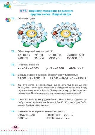 14
73.	 Обчисліть усно.
Прийоми множення та ділення
круглих чисел. Задачі на рух
§ 79.
50
0
. :
25
19
101
100
100
400
100 100
760
3600
1200
1000
7000
69 000
74.	 Обчисли усно й поясни свої дії.
42 000 : 7	 720 : 3	 21 300 : 3 250 000 : 500
9600 : 3 	 130 • 4	 2300 • 5	 450 000 : 15
75.	 Розв’яжи рівняння.
х • 400 = 48 000 у • 7 = 49 000	 4260 : z = 2
76.	 Знайди значення виразів. Виконуй кожну дію окремо.
32 000 • 3 – 8000 • 8	 82 000 + 8000 : 40 – 4200 : 2
77.	 Туристи їхали на велосипедах до річки 2 год зі швидкістю
16 км/год. Потім вони пересіли в моторний човен і за 4 год
подолали відстань у 5 разів більшу за ту, яку проїхали на ве-
лосипедах. З якою швидкістю рухався моторний човен?
78.	 Синиця з’їдає за добу дуже багато комах. Маса з’їдених за
добу комах дорівнює масі синиці. За 30 діб вона з’їдає 600 г
комах. Знайди масу синиці.
79.	 Виконай перетворення іменованих чисел.
205 м = … см		 90 800 м = … км … м
610 т = … ц			 41 500 мм = … см
 