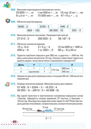 60
368.	 Виконай перетворення іменованих чисел.
23 000 г = … кг 1 км 500 м = … м 10 год 15 хв = … хв
6 ц 5 кг = … кг 75 000 мм = … м 47 т 6 ц = … ц
369.	 Обчисли кругові вирази.
9690 : 3 3230 : 5
323 • 3
969 • 100 96 900 : 10
646 : 2
370.	 Виконай ділення письмово. Прокоментуй свої дії.
27 012 : 3		 300 820 : 5		 56 187 : 9
371.	 Обчисли значення виразів.
12 ц : 6 кг		 3 т 5 ц • 4	 12 км 800 м + 400 м
408 м • 6		 1 кг 200 г : 2 96 ц – 8 ц 50 кг
372.	 Туристи проїхали першого дня 360 км, а другого — 240 км. На
весь шлях вони витратили 10 год. Скільки годин були туристи в
дорозі щодня, якщо вони їхали з однаковою швидкістю?
День V t S
І ? ? 360 км
ІІ однакова ? 240 км
10 год ?
373.	 Накресли два різні прямокутники з площею 20 см2
. Обчисли їхні
периметри.
374.	 Знайди значення виразів. Виконуй кожну дію окремо.
57 426 : 6 + 5204 • 3 – 16 252 : 4
40 263 • 6 – (6015 : 5 + 42 688 : 8)
375.	 Від однієї пристані в протилежних напрямках вирушили катер
і буксир. Швидкість катера дорівнює 27 км/год, а буксира —
18 км/год. Яка відстань буде між ними через 3 год? Розв’яжи за-
дачу двома способами, скориставшись схематичним рисунком.
18 км/год 27 км/год
3 год
S — ?
 