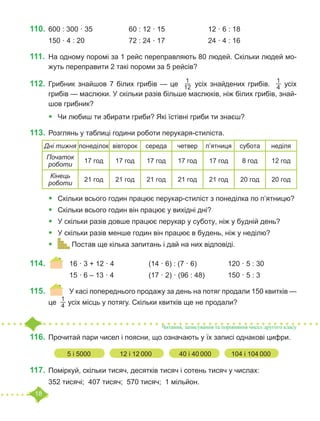 18
110.	600 : 300 · 35		 60 : 12 · 15			 12 · 6 : 18
150 · 4 : 20			 72 : 24 · 17			 24 · 4 : 16
111.	 На одному поромі за 1 рейс переправляють 80 людей. Скільки людей мо-
жуть переправити 2 такі пороми за 5 рейсів?
112.	Грибник знайшов 7 білих грибів — це
1
12  усіх знайдених грибів.
1
4 усіх
грибів — маслюки. У скільки разів більше маслюків, ніж білих грибів, знай-
шов грибник?
•	 Чи любиш ти збирати гриби? Які їстівні гриби ти знаєш?
113.	Розглянь у таблиці години роботи перукаря-стиліста.
	
•	 	
Скільки всього годин працює перукар-стиліст з понеділка по п’ятницю?
•	 	
Скільки всього годин він працює у вихідні дні?
•	 	
У скільки разів довше працює перукар у суботу, ніж у будній день?
•	 	
У скільки разів менше годин він працює в будень, ніж у неділю?
•	 Постав ще кілька запитань і дай на них відповіді.
114.	 	 16 · 3 + 12 · 4		 (14 · 6) : (7 · 6)		 120 · 5 : 30
		 15 · 6 – 13 · 4		 (17 · 2) · (96 : 48)		 150 · 5 : 3
115.	 	 У касі попереднього продажу за день на потяг продали 150 квитків —
це
1
4 усіх місць у потягу. Скільки квитків ще не продали?
116.	Прочитай пари чисел і поясни, що означають у їх записі однакові цифри.
117.	Поміркуй, скільки тисяч, десятків тисяч і сотень тисяч у числах:
352 тисячі; 407 тисяч; 570 тисяч; 1 мільйон.
Дні тижня понеділок вівторок середа четвер п’ятниця субота неділя
Початок
роботи
17 год 17 год 17 год 17 год 17 год 8 год 12 год
Кінець
роботи
21 год 21 год 21 год 21 год 21 год 20 год 20 год
Читання, записування та порівняння чисел другого класу
5 і 5000	 12 і 12 000	 40 і 40 000	 104 і 104 000
 