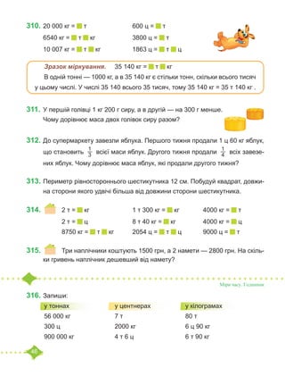 46
310.	20 000 кг = т			 600 ц = т
6540 кг = т кг			 3800 ц = т
10 007 кг = т кг		 1863 ц = т ц
	 Зразок міркування.	 35 140 кг = т кг
	 В одній тонні — 1000 кг, а в 35 140 кг є стільки тонн, скільки всього тисяч
у цьому числі. У числі 35 140 всього 35 тисяч, тому 35 140 кг = 35 т 140 кг .
311.	У першій голівці 1 кг 200 г сиру, а в другій — на 300 г менше.
Чому дорівнює маса двох голівок сиру разом?
312.	До супермаркету завезли яблука. Першого тижня продали 1 ц 60 кг яблук,
що становить
1
3  всієї маси яблук. Другого тижня продали
1
4  всіх завезе-
них яблук. Чому дорівнює маса яблук, які продали другого тижня?
313.	Периметр рівностороннього шестикутника 12 см. Побудуй квадрат, довжи-
на сторони якого удвічі більша від довжини сторони шестикутника.
314.	 	 2 т = кг			 1 т 300 кг = кг		 4000 кг = т
		 2 т = ц			 8 т 40 кг = кг		 4000 кг = ц
		 8750 кг = т кг		 2054 ц = т ц		 9000 ц = т
315.	 	 Три наплічники коштують 1500 грн, а 2 намети — 2800 грн. На скіль-
ки гривень наплічник дешевший від намету?
Міри часу. Годинник
316.	Запиши:
	у тоннах			 у центнерах		 у кілограмах
	56 000 кг			 7 т				 80 т
	300 ц				 2000 кг			 6 ц 90 кг
	900 000 кг			 4 т 6 ц			 6 т 90 кг
 