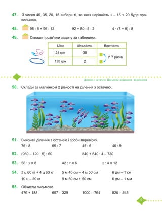 9
47.	 		З чисел 40, 35, 20, 15 вибери ті, за яких нерівність х – 15 < 20 буде пра-
вильною.
48.	 96 : 6 + 96 : 12 		 92 + 80 : 5 : 2		 4 · (7 + 9) : 8
49.	 	 Склади і розв’яжи задачу за таблицею.
	
	
Ділення з остачею. Письмове додавання і віднімання
50.	 Склади за малюнком 2 рівності на ділення з остачею.
51.	 Виконай ділення з остачею і зроби перевірку.
76 : 8			 55 : 7			 45 : 6			 40 : 9
52.	 	
(960 – 120 · 5) : 60			 840 + 640 : 4 – 730
53.	 56 : х = 8			 42 : х = 6			 х : 4 = 12
54.	 3 ц 60 кг + 4 ц 60 кг	 5 м 40 см – 4 м 50 см		 6 дм – 1 см
10 ц – 20 кг			 9 м 50 см + 50 см			 6 дм – 1 мм
55.	 Обчисли письмово.
476 + 188		 607 – 329		 1000 – 764		 820 – 545
Ціна Кількість Вартість
24 грн 30
У ? разів
120 грн 2
 