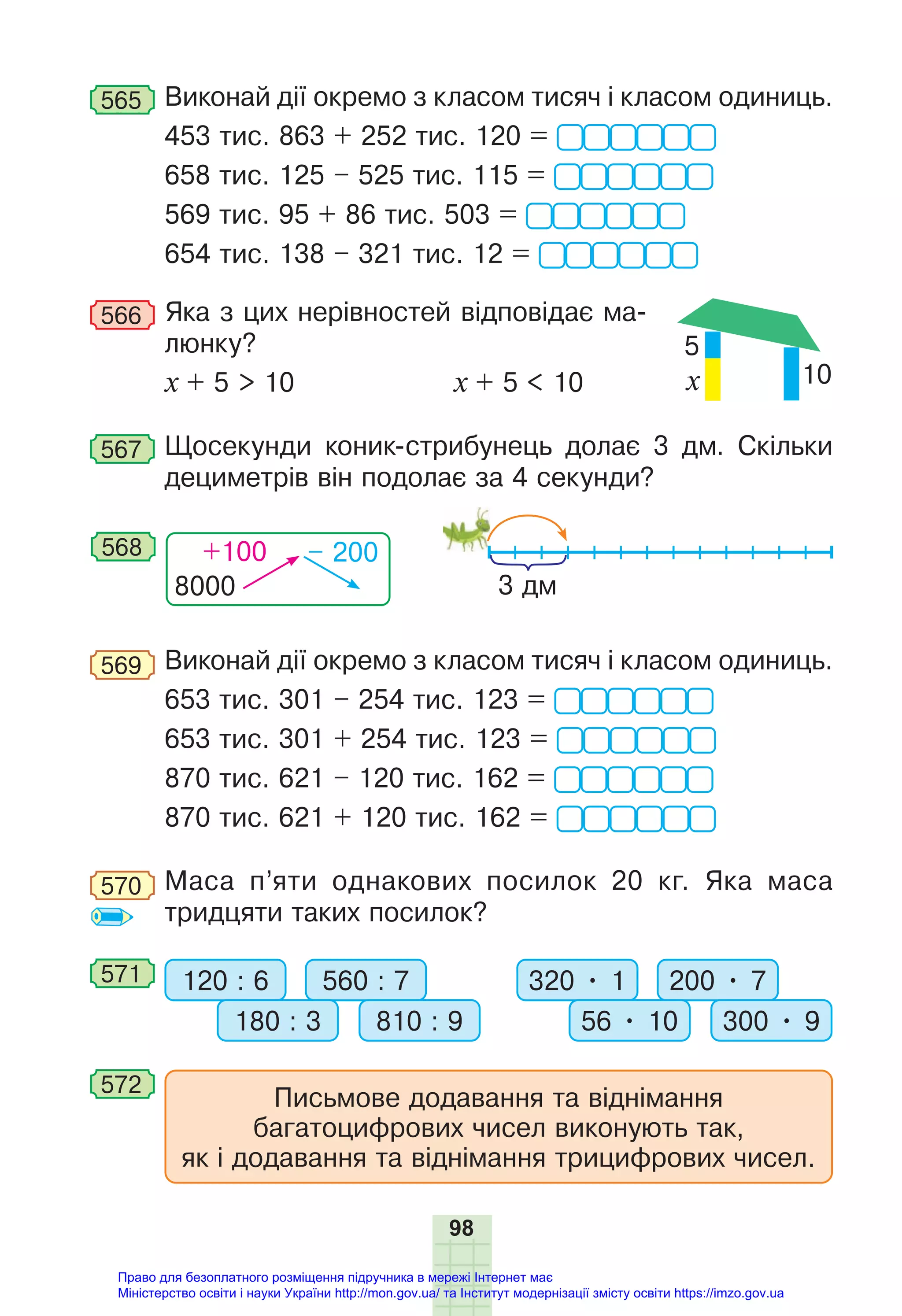 98
565 Виконай дії окремо з класом тисяч і класом одиниць.
453 тис. 863 + 252 тис. 120 =
658 тис. 125 – 525 тис. 115 =
569 тис. 95 + 86 тис. 503 =
654 тис. 138 – 321 тис. 12 =
566 Яка з цих нерівностей відповідає ма-
люнку?
х + 5 > 10 х + 5 < 10
567 Щосекунди коник-стрибунець долає 3 дм. Скільки
дециметрів він подолає за 4 секунди?
3 дм
8000
+100 – 200
568
569 Виконай дії окремо з класом тисяч і класом одиниць.
653 тис. 301 – 254 тис. 123 =
653 тис. 301 + 254 тис. 123 =
870 тис. 621 – 120 тис. 162 =
870 тис. 621 + 120 тис. 162 =
570 Маса п’яти однакових посилок 20 кг. Яка маса
тридцяти таких посилок?
571 120 : 6 320 • 1
560 : 7 200 • 7
180 : 3 56 • 10
810 : 9 300 • 9
572
Письмове додавання та віднімання
багатоцифрових чисел виконують так,
як і додавання та віднімання трицифрових чисел.
5
10
x
Право для безоплатного розміщення підручника в мережі Інтернет має
Міністерство освіти і науки України http://mon.gov.ua/ та Інститут модернізації змісту освіти https://imzo.gov.ua
 