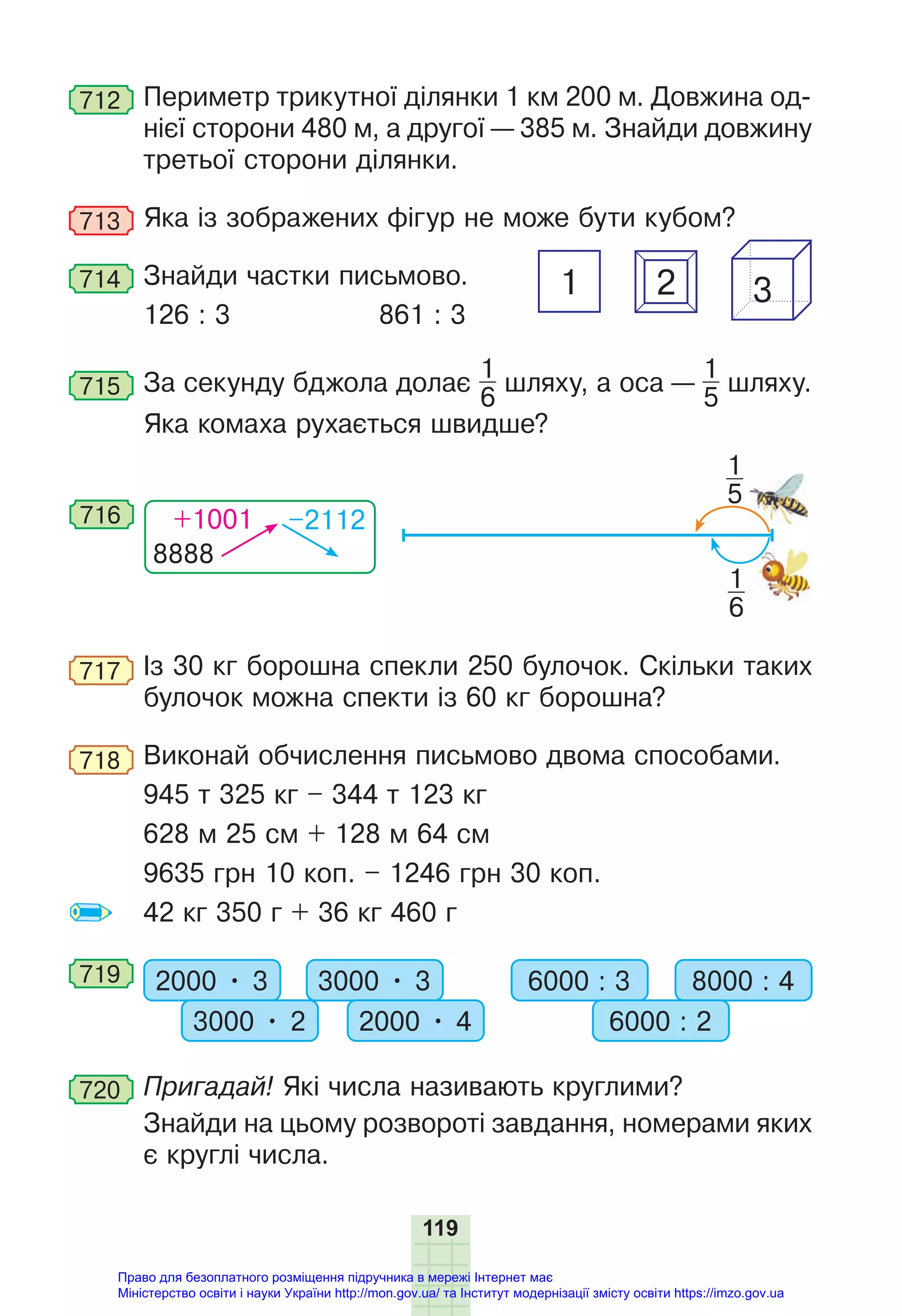 119
712 Периметр трикутної ділянки 1 км 200 м. Довжина од-
нієї сторони 480 м, а другої — 385 м. Знайди довжину
третьої сторони ділянки.
713 Яка із зображених фігур не може бути кубом?
714 Знайди частки письмово.
126 : 3 861 : 3
715 За секунду бджола долає
1
6
шляху, а оса —
1
5
шляху.
Яка комаха рухається швидше?
8888
+1001 –2112
716
1
6
1
5
717 Із 30 кг борошна спекли 250 булочок. Скільки таких
булочок можна спекти із 60 кг борошна?
718 Виконай обчислення письмово двома способами.
945 т 325 кг – 344 т 123 кг
628 м 25 см + 128 м 64 см
9635 грн 10 коп. – 1246 грн 30 коп.
42 кг 350 г + 36 кг 460 г
719 2000 • 3 3000 • 3
3000 • 2 2000 • 4
6000 : 3 8000 : 4
6000 : 2
720 Пригадай! Які числа називають круглими?
Знайди на цьому розвороті завдання, номерами яких
є круглі числа.
1 3
2
Право для безоплатного розміщення підручника в мережі Інтернет має
Міністерство освіти і науки України http://mon.gov.ua/ та Інститут модернізації змісту освіти https://imzo.gov.ua
 