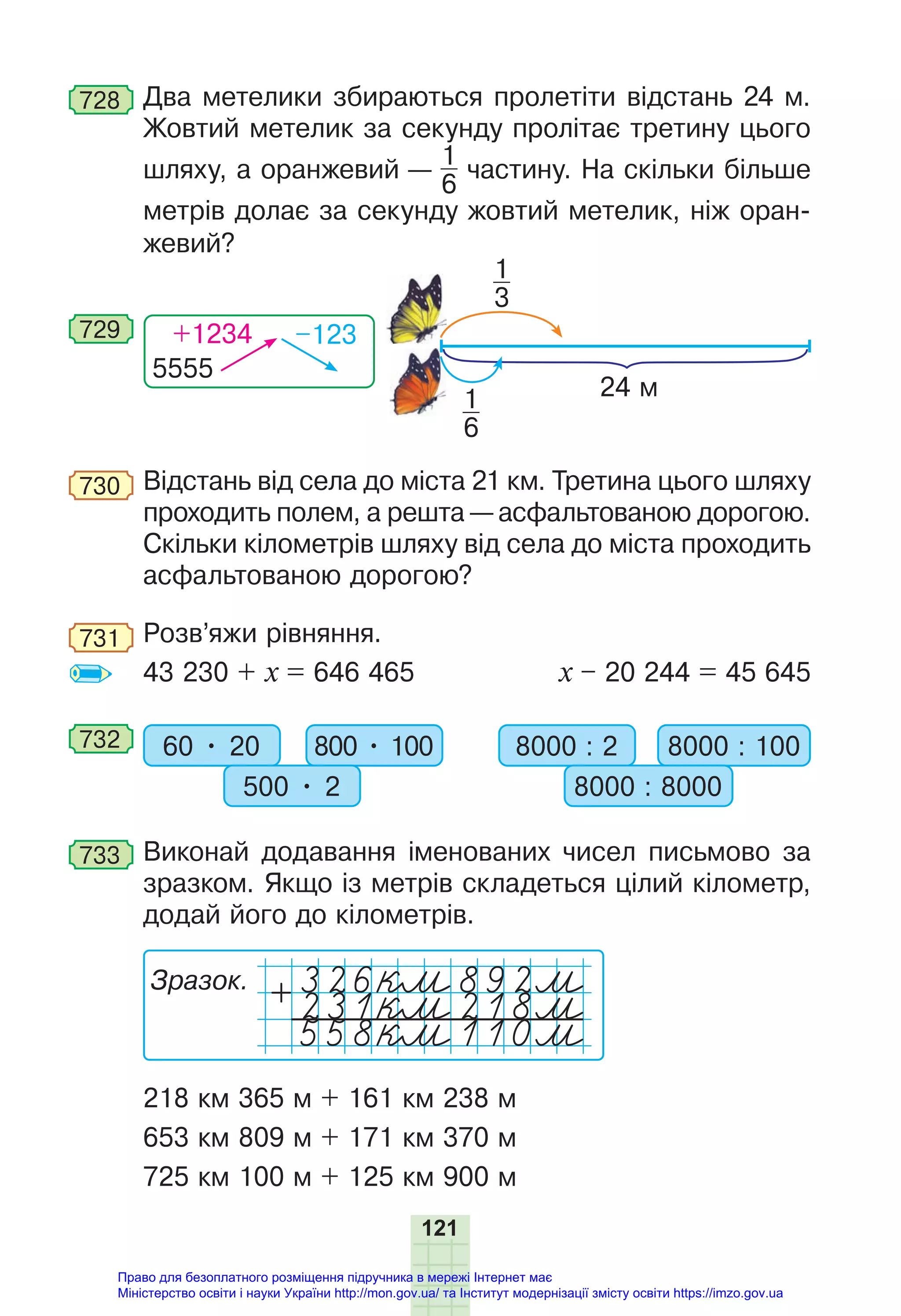 121
728 Два метелики збираються пролетіти відстань 24 м.
Жовтий метелик за секунду пролітає третину цього
шляху, а оранжевий —
1
6
частину. На скільки більше
метрів долає за секунду жовтий метелик, ніж оран-
жевий?
5555
+1234 –123
729
1
6
1
3
24 м
730 Відстань від села до міста 21 км. Третина цього шляху
проходить полем, а решта — асфальтованою дорогою.
Скільки кілометрів шляху від села до міста проходить
асфальтованою дорогою?
731 Розв’яжи рівняння.
43 230 + x = 646 465 x – 20 244 = 45 645
732 60 • 20 800 • 100
500 • 2
8000 : 2 8000 : 100
8000 : 8000
733 Виконай додавання іменованих чисел письмово за
зразком. Якщо із метрів складеться цілий кілометр,
додай його до кілометрів.
Зразок.
231 кfмg218 мg
558 кfмg110 мg
+
218 км 365 м + 161 км 238 м
653 км 809 м + 171 км 370 м
725 км 100 м + 125 км 900 м
Право для безоплатного розміщення підручника в мережі Інтернет має
Міністерство освіти і науки України http://mon.gov.ua/ та Інститут модернізації змісту освіти https://imzo.gov.ua
 