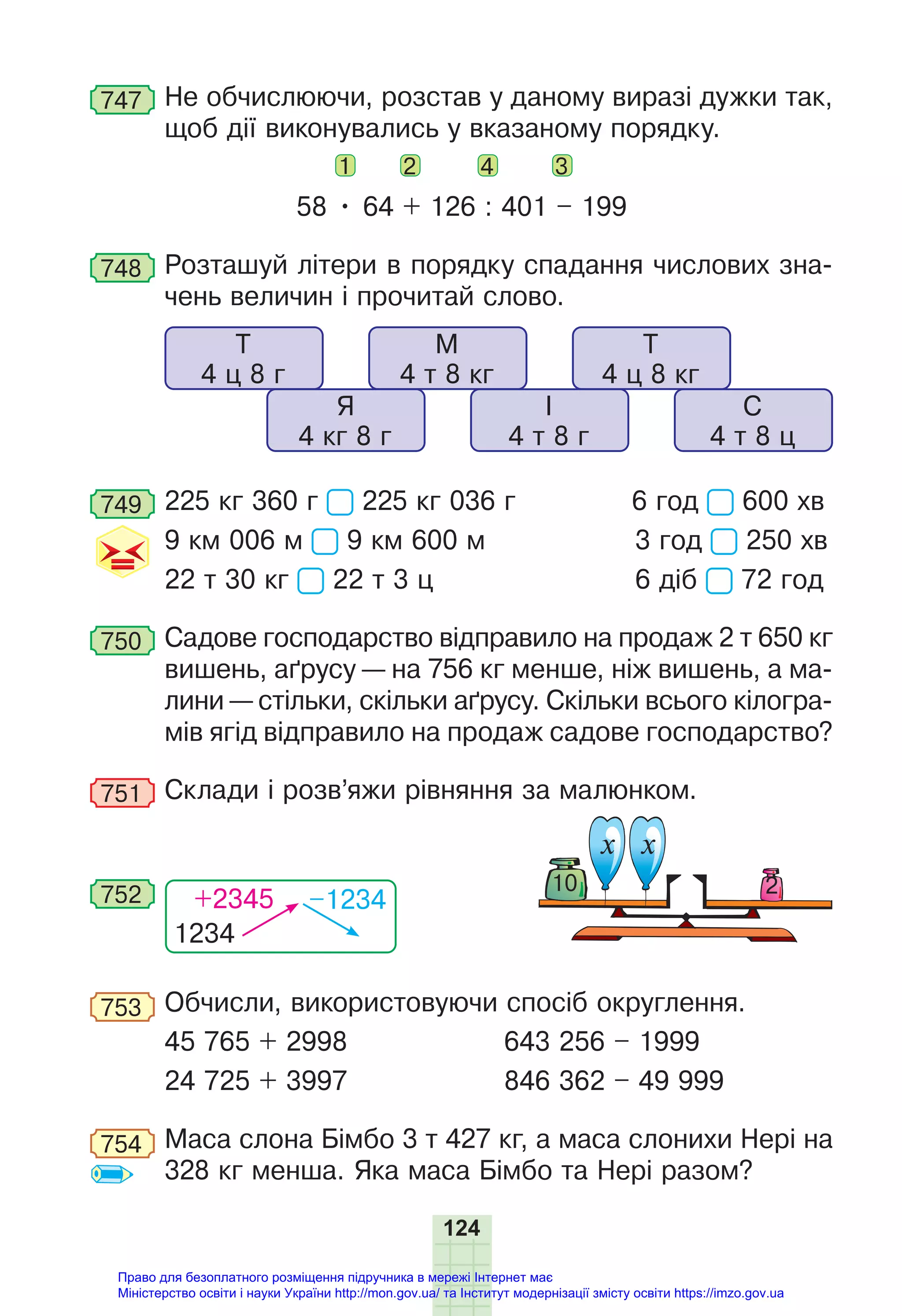 124
747 Не обчислюючи, розстав у даному виразі дужки так,
щоб дії виконувались у вказаному порядку.
1 2 4 3
58 • 64 + 126 : 401 – 199
748 Розташуй літери в порядку спадання числових зна-
чень величин і прочитай слово.
Т
4 ц 8 г
М
4 т 8 кг
Я
4 кг 8 г
І
4 т 8 г
С
4 т 8 ц
Т
4 ц 8 кг
749 225 кг 360 г 225 кг 036 г 6 год 600 хв
9 км 006 м 9 км 600 м 3 год 250 хв
22 т 30 кг 22 т 3 ц 6 діб 72 год
750 Садове господарство відправило на продаж 2 т 650 кг
вишень, аґрусу — на 756 кг менше, ніж вишень, а ма-
лини — стільки, скільки аґрусу. Скільки всього кілогра-
мів ягід відправило на продаж садове господарство?
751 Склади і розв’яжи рівняння за малюнком.
х
х
10 2
1234
+2345 –1234
752
753 Обчисли, використовуючи спосіб округлення.
45 765 + 2998 643 256 – 1999
24 725 + 3997 846 362 – 49 999
754 Маса слона Бімбо 3 т 427 кг, а маса слонихи Нері на
328 кг менша. Яка маса Бімбо та Нері разом?
Право для безоплатного розміщення підручника в мережі Інтернет має
Міністерство освіти і науки України http://mon.gov.ua/ та Інститут модернізації змісту освіти https://imzo.gov.ua
 