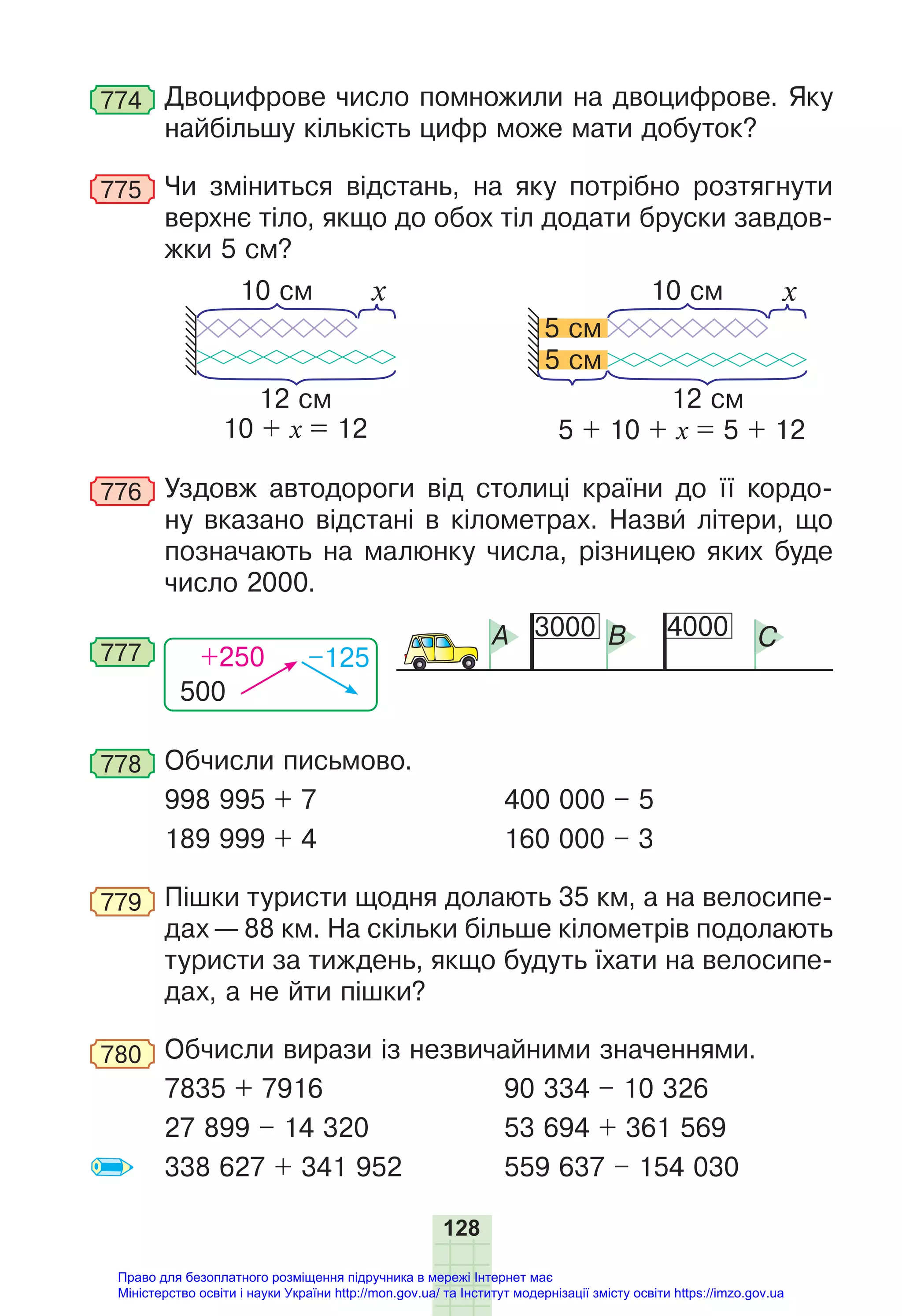 128
774 Двоцифрове число помножили на двоцифрове. Яку
найбільшу кількість цифр може мати добуток?
775 Чи зміниться відстань, на яку потрібно розтягнути
верхнє тіло, якщо до обох тіл додати бруски завдов-
жки 5 см?
12 см
10 + х = 12
10 см x
5 + 10 + х = 5 + 12
x
12 см
10 см
5 см
5 см
776 Уздовж автодороги від столиці країни до її кордо-
ну вказано відстані в кілометрах. Назви літери, що
позначають на малюнку числа, різницею яких буде
число 2000.
500
+250 –125
777
3000 4000
A B C
778 Обчисли письмово.
998 995 + 7 400 000 – 5
189 999 + 4 160 000 – 3
779 Пішки туристи щодня долають 35 км, а на велосипе-
дах — 88 км. На скільки більше кілометрів подолають
туристи за тиждень, якщо будуть їхати на велосипе-
дах, а не йти пішки?
780 Обчисли вирази із незвичайними значеннями.
7835 + 7916 90 334 – 10 326
27 899 – 14 320 53 694 + 361 569
338 627 + 341 952 559 637 – 154 030
Право для безоплатного розміщення підручника в мережі Інтернет має
Міністерство освіти і науки України http://mon.gov.ua/ та Інститут модернізації змісту освіти https://imzo.gov.ua
 
