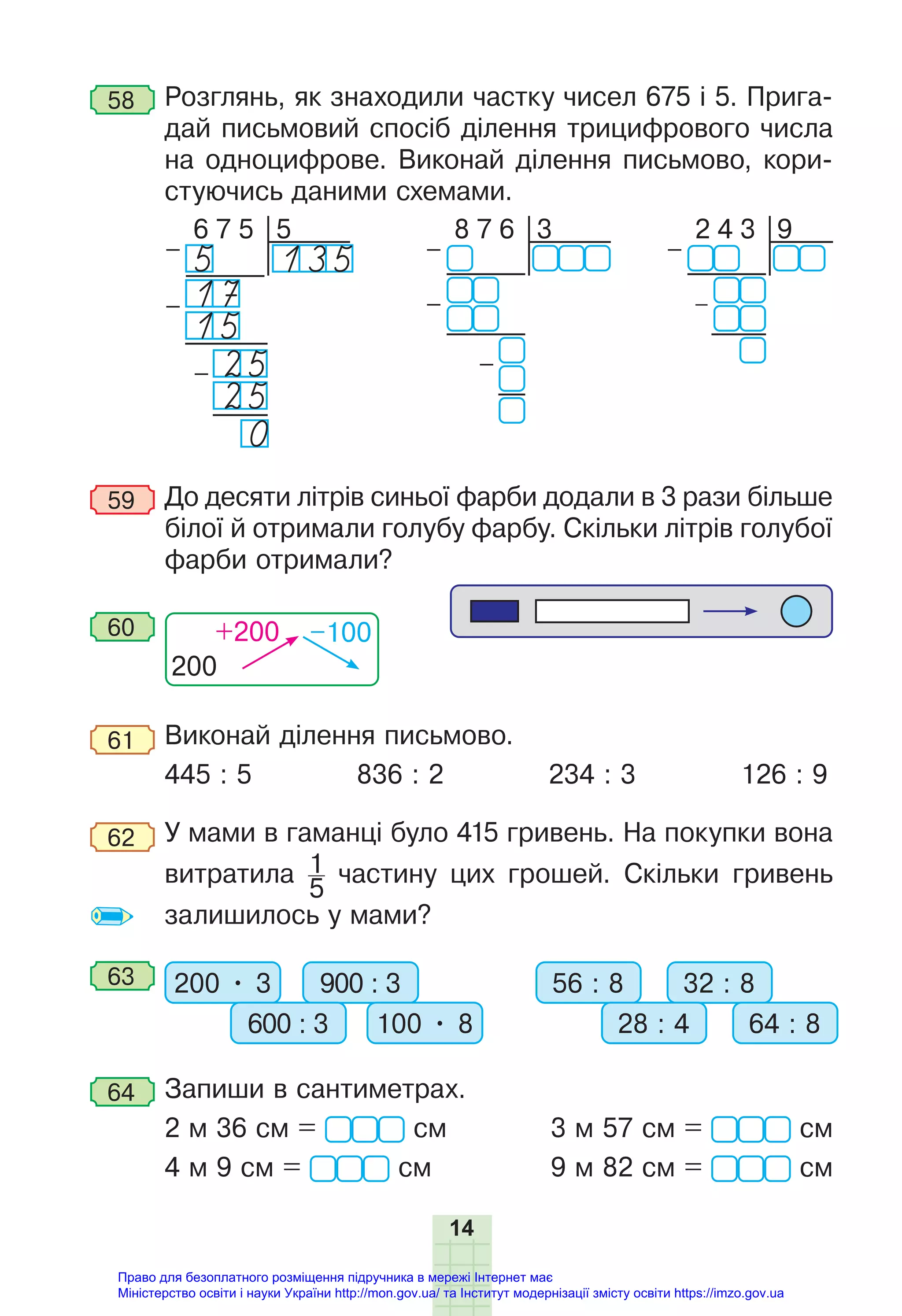 14
58 Розглянь, як знаходили частку чисел 675 і 5. Прига-
дай письмовий спосіб ділення трицифрового числа
на одноцифрове. Виконай ділення письмово, кори-
стуючись даними схемами.
8 7 6 3
–
–
–
2 4 3 9
–
–
6 7 5 5
–
–
–
135
17
15
25
25
0
5
59 До десяти літрів синьої фарби додали в 3 рази більше
білої й отримали голубу фарбу. Скільки літрів голубої
фарби отримали?
200
+200 –100
60
61 Виконай ділення письмово.
445 : 5 836 : 2 234 : 3 126 : 9
62 У мами в гаманці було 415 гривень. На покупки вона
витратила 1
5
частину цих грошей. Скільки гривень
залишилось у мами?
63 200 • 3 900 : 3
600 : 3 100 • 8
56 : 8 32 : 8
28 : 4 64 : 8
64 Запиши в сантиметрах.
2 м 36 см = см 3 м 57 см = см
4 м 9 см = см 9 м 82 см = см
Право для безоплатного розміщення підручника в мережі Інтернет має
Міністерство освіти і науки України http://mon.gov.ua/ та Інститут модернізації змісту освіти https://imzo.gov.ua
 
