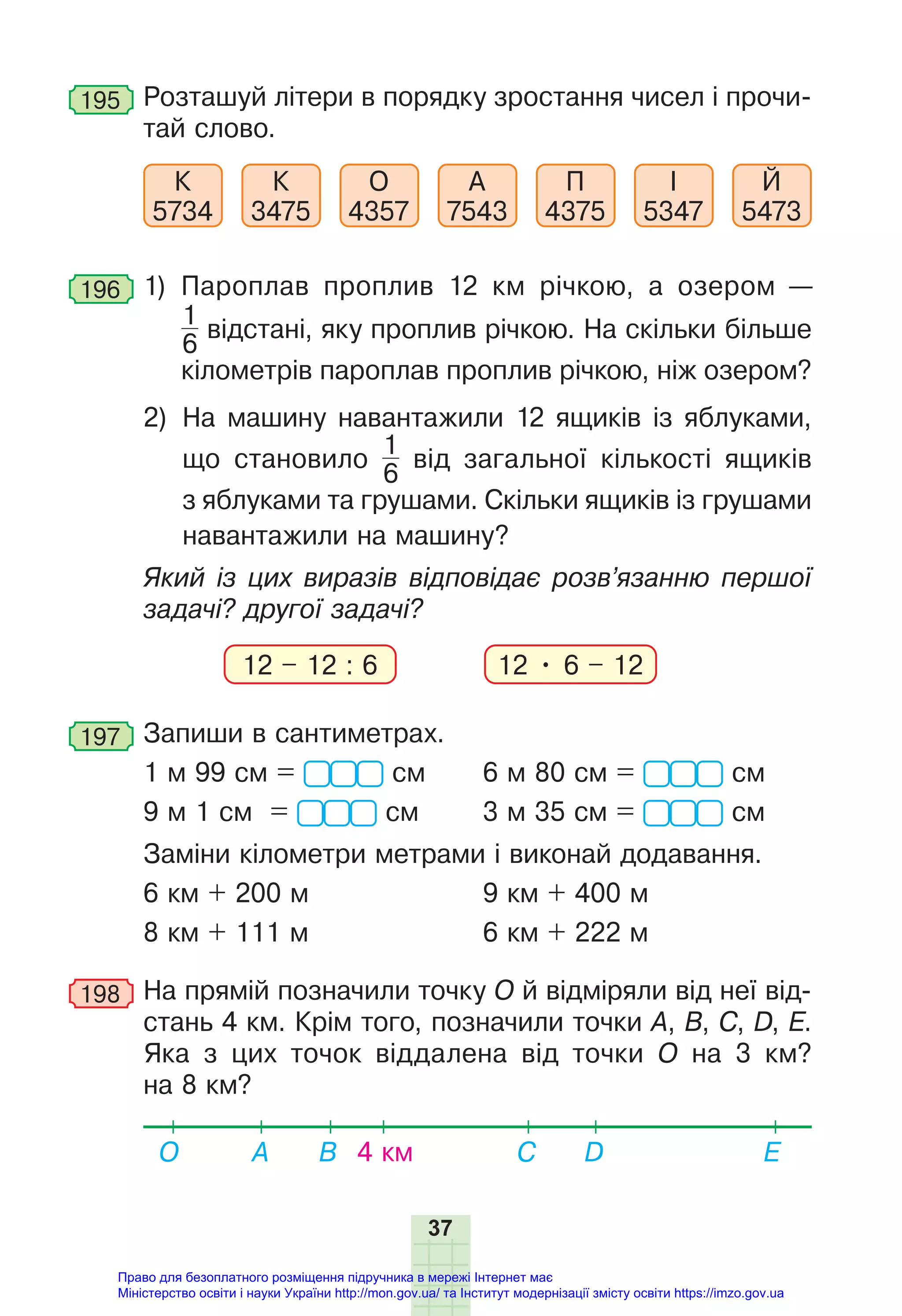 37
195 Розташуй літери в порядку зростання чисел і прочи-
тай слово.
К
5734
К
3475
О
4357
А
7543
П
4375
І
5347
Й
5473
196 1) Пароплав проплив 12 км річкою, а озером —
1
6
відстані, яку проплив річкою. На скільки більше
кілометрів пароплав проплив річкою, ніж озером?
2) На машину навантажили 12 ящиків із яблуками,
що становило
1
6
від загальної кількості ящиків
з яблуками та грушами. Скільки ящиків із грушами
навантажили на машину?
Який із цих виразів відповідає розв’язанню першої
задачі? другої задачі?
12 – 12 : 6 12 • 6 – 12
197 Запиши в сантиметрах.
1 м 99 см = см 6 м 80 см = см
9 м 1 см = см 3 м 35 см = см
Заміни кілометри метрами і виконай додавання.
6 км + 200 м 9 км + 400 м
8 км + 111 м 6 км + 222 м
198 На прямій позначили точку О й відміряли від неї від-
стань 4 км. Крім того, позначили точки А, B, C, D, Е.
Яка з цих точок віддалена від точки О на 3 км?
на 8 км?
4 км
О E
D
B
A C
Право для безоплатного розміщення підручника в мережі Інтернет має
Міністерство освіти і науки України http://mon.gov.ua/ та Інститут модернізації змісту освіти https://imzo.gov.ua
 