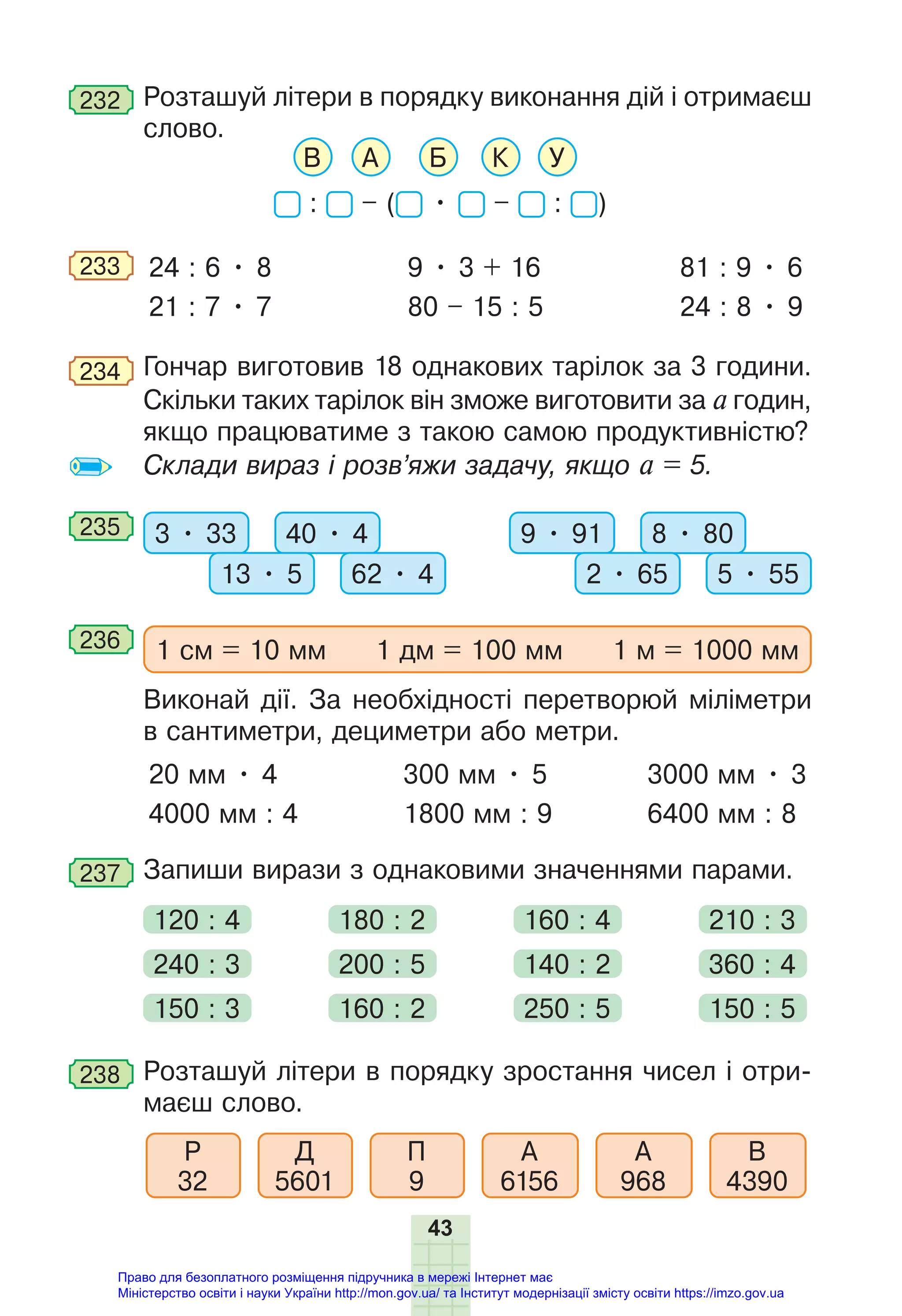 43
232 Розташуй літери в порядку виконання дій і отримаєш
слово.
В А Б К У
: – ( • – : )
233 24 : 6 • 8
21 : 7 • 7
9 • 3 + 16
80 – 15 : 5
81 : 9 • 6
24 : 8 • 9
234 Гончар виготовив 18 однакових тарілок за 3 години.
Скільки таких тарілок він зможе виготовити за а годин,
якщо працюватиме з такою самою продуктивністю?
Склади вираз і розв’яжи задачу, якщо а = 5.
235 3 • 33 40 • 4
13 • 5 62 • 4
9 • 91 8 • 80
2 • 65 5 • 55
236 1 см = 10 мм 1 дм = 100 мм 1 м = 1000 мм
Виконай дії. За необхідності перетворюй міліметри
в сантиметри, дециметри або метри.
20 мм • 4
4000 мм : 4
300 мм • 5
1800 мм : 9
3000 мм • 3
6400 мм : 8
237 Запиши вирази з однаковими значеннями парами.
120 : 4 180 : 2 160 : 4 210 : 3
240 : 3
150 : 3
200 : 5
160 : 2
140 : 2
250 : 5
360 : 4
150 : 5
238 Розташуй літери в порядку зростання чисел і отри-
маєш слово.
Д
5601
Р
32
П
9
А
6156
А
968
В
4390
Право для безоплатного розміщення підручника в мережі Інтернет має
Міністерство освіти і науки України http://mon.gov.ua/ та Інститут модернізації змісту освіти https://imzo.gov.ua
 