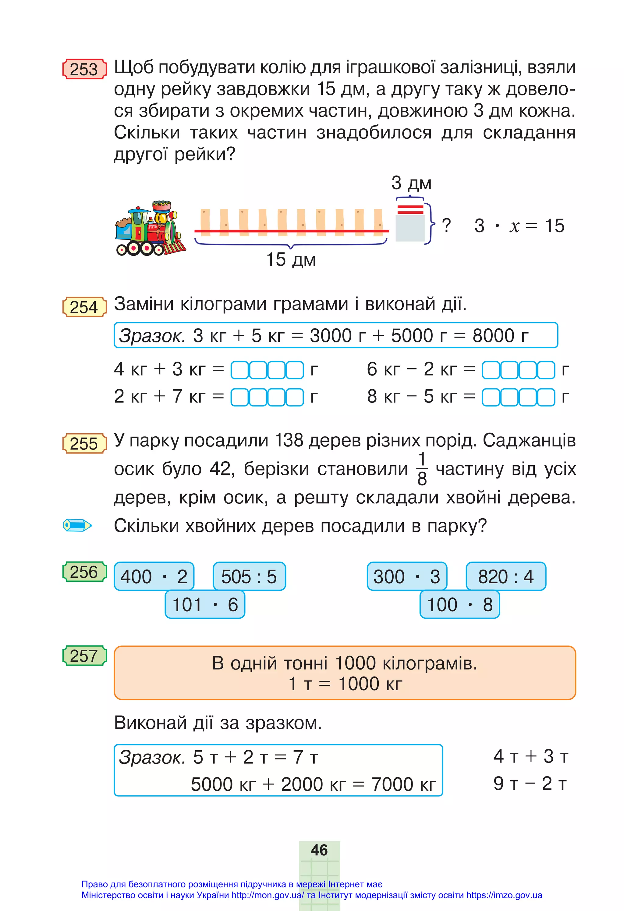 46
253 Щоб побудувати колію для іграшкової залізниці, взяли
одну рейку завдовжки 15 дм, а другу таку ж довело-
ся збирати з окремих частин, довжиною 3 дм кожна.
Скільки таких частин знадобилося для складання
другої рейки?
?
15 дм
3 дм
3 • х = 15
254 Заміни кілограми грамами і виконай дії.
Зразок. 3 кг + 5 кг = 3000 г + 5000 г = 8000 г
4 кг + 3 кг = г 6 кг – 2 кг = г
2 кг + 7 кг = г 8 кг – 5 кг = г
255 У парку посадили 138 дерев різних порід. Саджанців
осик було 42, берізки становили
1
8
частину від усіх
дерев, крім осик, а решту складали хвойні дерева.
Скільки хвойних дерев посадили в парку?
256 400 • 2 505 : 5
101 • 6
300 • 3 820 : 4
100 • 8
257 В одній тонні 1000 кілограмів.
1 т = 1000 кг
Виконай дії за зразком.
Зразок. 5 т + 2 т = 7 т
5000 кг + 2000 кг = 7000 кг
4 т + 3 т
9 т – 2 т
Право для безоплатного розміщення підручника в мережі Інтернет має
Міністерство освіти і науки України http://mon.gov.ua/ та Інститут модернізації змісту освіти https://imzo.gov.ua
 