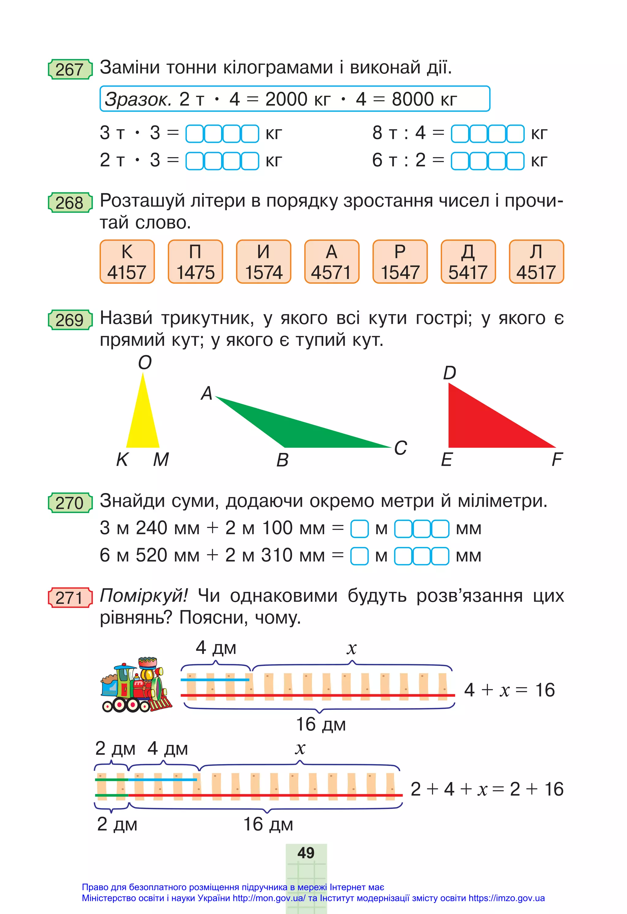 49
267 Заміни тонни кілограмами і виконай дії.
Зразок. 2 т • 4 = 2000 кг • 4 = 8000 кг
3 т • 3 = кг 8 т : 4 = кг
2 т • 3 = кг 6 т : 2 = кг
268 Розташуй літери в порядку зростання чисел і прочи-
тай слово.
К
4157
П
1475
И
1574
А
4571
Р
1547
Д
5417
Л
4517
269 Назви трикутник, у якого всі кути гострі; у якого є
прямий кут; у якого є тупий кут.
О
K M
A
B
C
D
E F
270 Знайди суми, додаючи окремо метри й міліметри.
3 м 240 мм + 2 м 100 мм = м мм
6 м 520 мм + 2 м 310 мм = м мм
271 Поміркуй! Чи однаковими будуть розв’язання цих
рівнянь? Поясни, чому.
4 дм
16 дм
4 + х = 16
х
4 дм
2 дм
16 дм
2 + 4 + х = 2 + 16
х
2 дм
Право для безоплатного розміщення підручника в мережі Інтернет має
Міністерство освіти і науки України http://mon.gov.ua/ та Інститут модернізації змісту освіти https://imzo.gov.ua
 