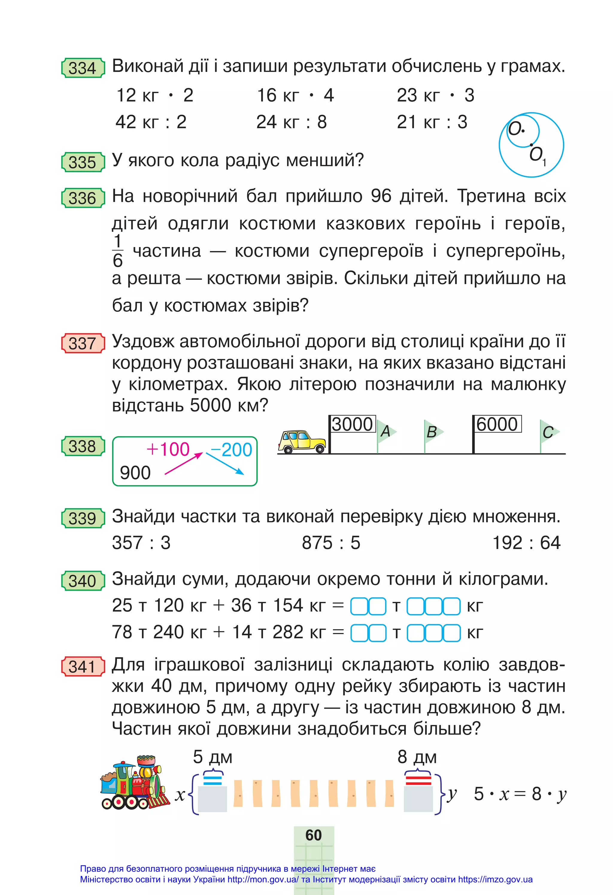 60
334 Виконай дії і запиши результати обчислень у грамах.
12 кг • 2
42 кг : 2
16 кг • 4
24 кг : 8
23 кг • 3
21 кг : 3
335 У якого кола радіус менший?
336 На новорічний бал прийшло 96 дітей. Третина всіх
дітей одягли костюми казкових героїнь і героїв,
1
6
частина — костюми супергероїв і супергероїнь,
а решта — костюми звірів. Скільки дітей прийшло на
бал у костюмах звірів?
337 Уздовж автомобільної дороги від столиці країни до її
кордону розташовані знаки, на яких вказано відстані
у кілометрах. Якою літерою позначили на малюнку
відстань 5000 км?
900
+100 –200
338
3000 6000
A B C
339 Знайди частки та виконай перевірку дією множення.
357 : 3 875 : 5 192 : 64
340 Знайди суми, додаючи окремо тонни й кілограми.
25 т 120 кг + 36 т 154 кг = т кг
78 т 240 кг + 14 т 282 кг = т кг
341 Для іграшкової залізниці складають колію завдов-
жки 40 дм, причому одну рейку збирають із частин
довжиною 5 дм, а другу — із частин довжиною 8 дм.
Частин якої довжини знадобиться більше?
у
x 5•х = 8•y
5 дм 8 дм
О1
О
Право для безоплатного розміщення підручника в мережі Інтернет має
Міністерство освіти і науки України http://mon.gov.ua/ та Інститут модернізації змісту освіти https://imzo.gov.ua
 