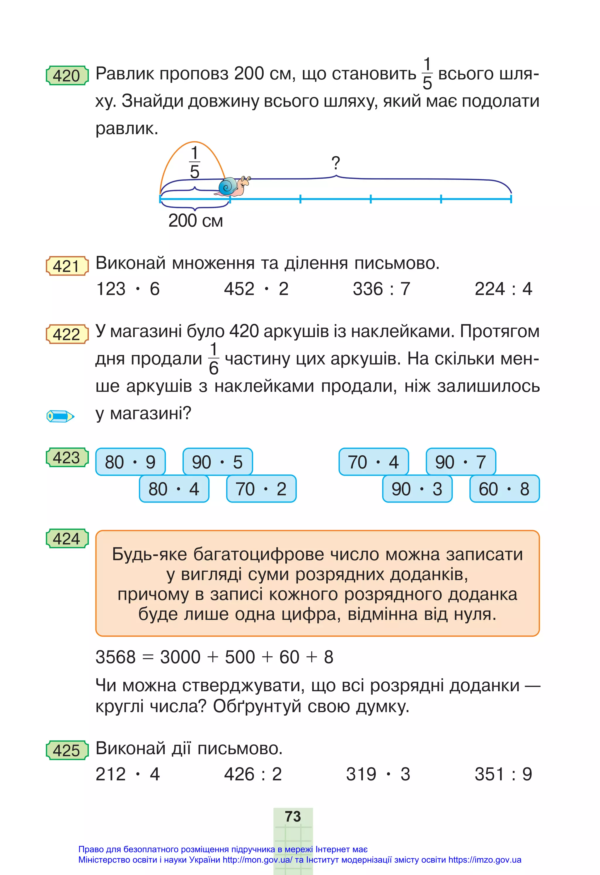 73
420 Равлик проповз 200 см, що становить
1
5
всього шля-
ху. Знайди довжину всього шляху, який має подолати
равлик.
?
200 см
1
5
421 Виконай множення та ділення письмово.
123 • 6 452 • 2 336 : 7 224 : 4
422 У магазині було 420 аркушів із наклейками. Протягом
дня продали
1
6
частину цих аркушів. На скільки мен-
ше аркушів з наклейками продали, ніж залишилось
у магазині?
423 80 • 9 90 • 5
80 • 4 70 • 2
70 • 4 90 • 7
90 • 3 60 • 8
424
Будь-яке багатоцифрове число можна записати
у вигляді суми розрядних доданків,
причому в записі кожного розрядного доданка
буде лише одна цифра, відмінна від нуля.
3568 = 3000 + 500 + 60 + 8
Чи можна стверджувати, що всі розрядні доданки —
круглі числа? Обґрунтуй свою думку.
425 Виконай дії письмово.
212 • 4 426 : 2 319 • 3 351 : 9
Право для безоплатного розміщення підручника в мережі Інтернет має
Міністерство освіти і науки України http://mon.gov.ua/ та Інститут модернізації змісту освіти https://imzo.gov.ua
 