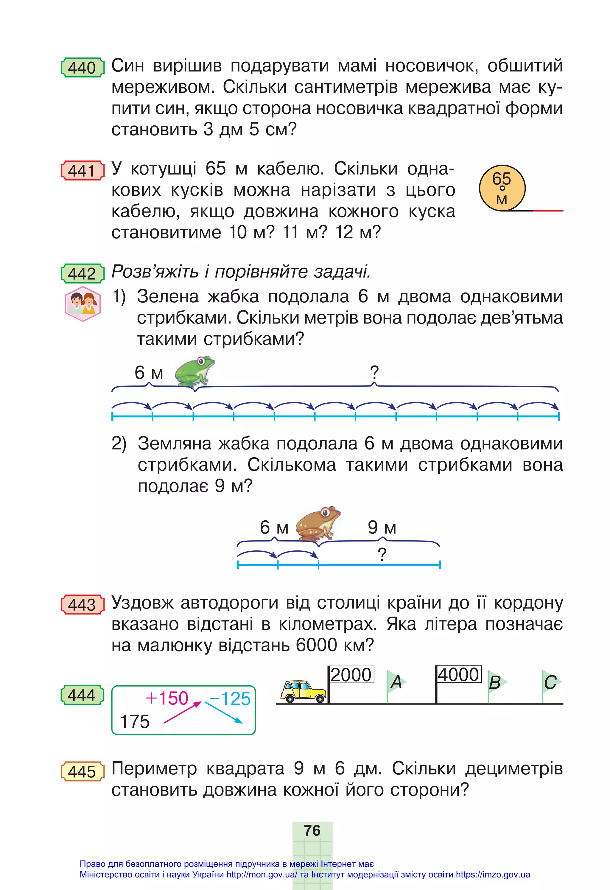 76
440 Син вирішив подарувати мамі носовичок, обшитий
мереживом. Скільки сантиметрів мережива має ку-
пити син, якщо сторона носовичка квадратної форми
становить 3 дм 5 см?
441 У котушці 65 м кабелю. Скільки одна-
кових кусків можна нарізати з цього
кабелю, якщо довжина кожного куска
становитиме 10 м? 11 м? 12 м?
442 Розв’яжіть і порівняйте задачі.
1) Зелена жабка подолала 6 м двома однаковими
стрибками. Скільки метрів вона подолає дев’ятьма
такими стрибками?
6 м ?
2) Земляна жабка подолала 6 м двома однаковими
стрибками. Скількома такими стрибками вона
подолає 9 м?
6 м 9 м
?
443 Уздовж автодороги від столиці країни до її кордону
вказано відстані в кілометрах. Яка літера позначає
на малюнку відстань 6000 км?
2000 4000
A B C
175
+150 –125
444
445 Периметр квадрата 9 м 6 дм. Скільки дециметрів
становить довжина кожної його сторони?
65
м
Право для безоплатного розміщення підручника в мережі Інтернет має
Міністерство освіти і науки України http://mon.gov.ua/ та Інститут модернізації змісту освіти https://imzo.gov.ua
 