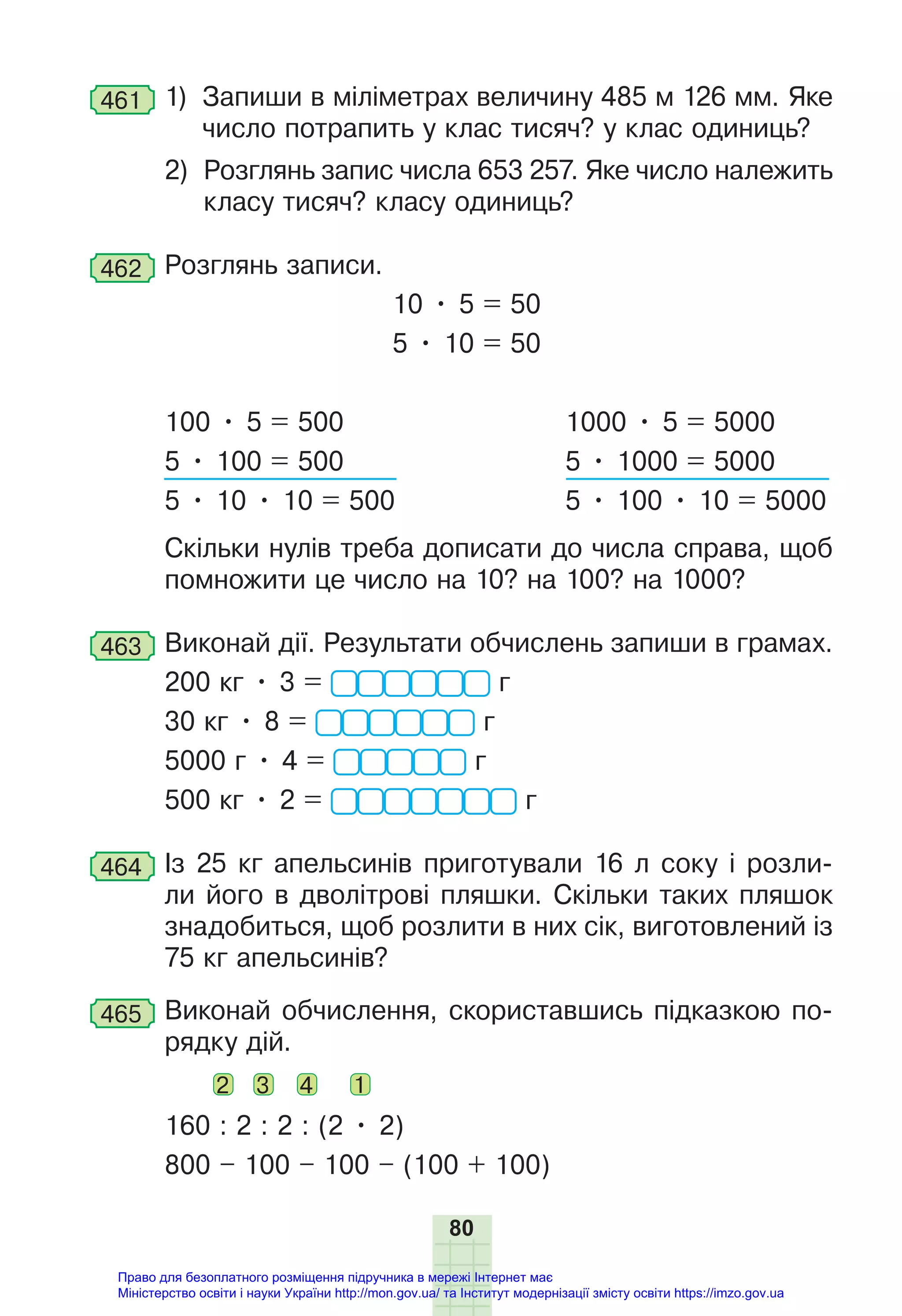 80
461 1) Запиши в міліметрах величину 485 м 126 мм. Яке
число потрапить у клас тисяч? у клас одиниць?
2) Розглянь запис числа 653 257. Яке число належить
класу тисяч? класу одиниць?
462 Розглянь записи.
10 • 5 = 50
5 • 10 = 50
100 • 5 = 500 1000 • 5 = 5000
5 • 100 = 500 5 • 1000 = 5000
5 • 10 • 10 = 500 5 • 100 • 10 = 5000
Скільки нулів треба дописати до числа справа, щоб
помножити це число на 10? на 100? на 1000?
463 Виконай дії. Результати обчислень запиши в грамах.
200 кг • 3 = г
30 кг • 8 = г
5000 г • 4 = г
500 кг • 2 = г
464 Із 25 кг апельсинів приготували 16 л соку і розли-
ли його в дволітрові пляшки. Скільки таких пляшок
знадобиться, щоб розлити в них сік, виготовлений із
75 кг апельсинів?
465 Виконай обчислення, скориставшись підказкою по-
рядку дій.
2 3 4 1
160 : 2 : 2 : (2 • 2)
800 – 100 – 100 – (100 + 100)
Право для безоплатного розміщення підручника в мережі Інтернет має
Міністерство освіти і науки України http://mon.gov.ua/ та Інститут модернізації змісту освіти https://imzo.gov.ua
 
