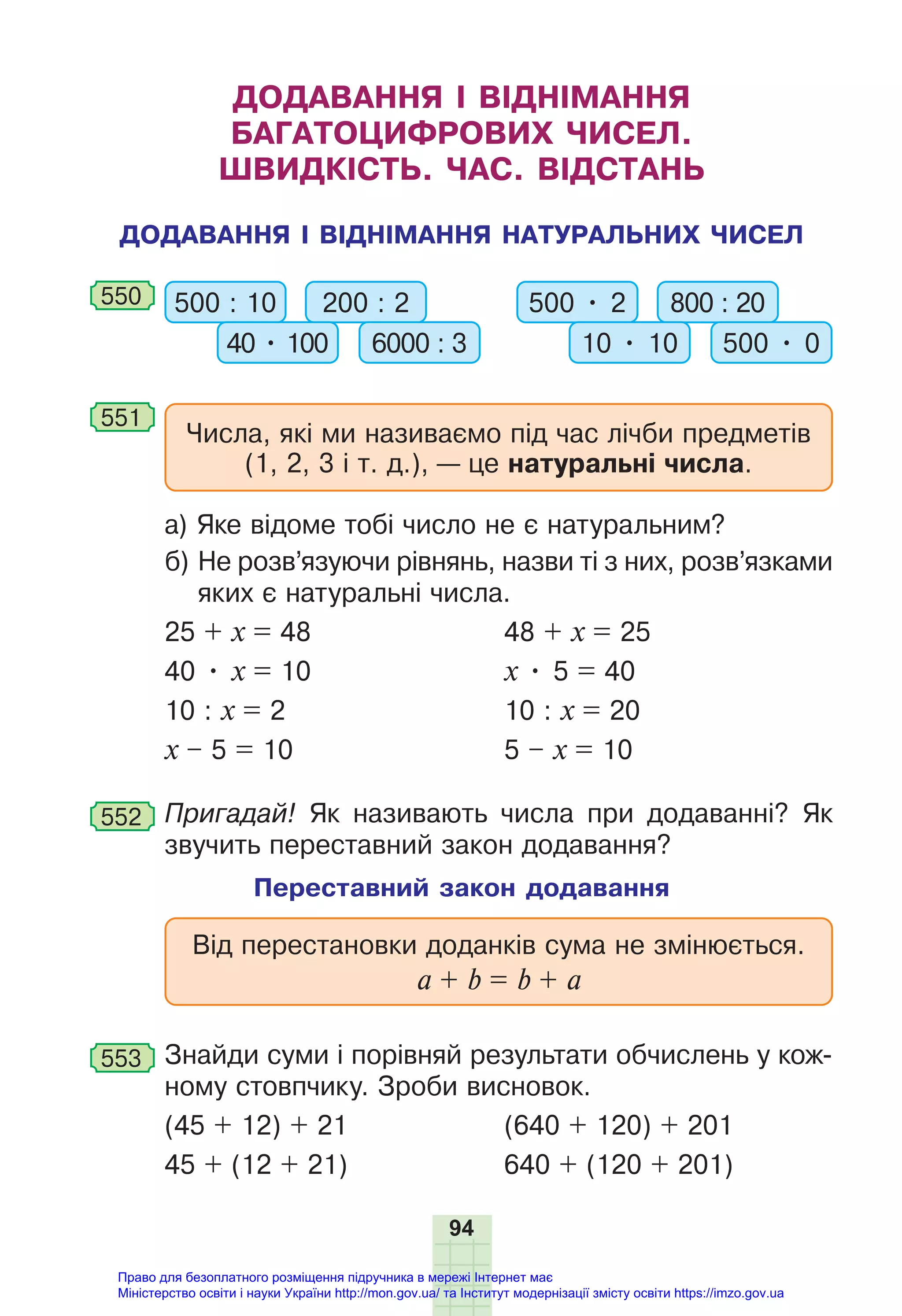 94
ДОДАВАННЯ І ВІДНІМАННЯ
БАГАТОЦИФРОВИХ ЧИСЕЛ.
ШВИДКІСТЬ. ЧАС. ВІДСТАНЬ
ДОДАВАННЯ І ВІДНІМАННЯ НАТУРАЛЬНИХ ЧИСЕЛ
550 500 : 10 500 • 2
200 : 2 800 : 20
40 • 100 10 • 10
6000 : 3 500 • 0
551
Числа, які ми називаємо під час лічби предметів
(1, 2, 3 і т. д.), — це натуральні числа.
а) Яке відоме тобі число не є натуральним?
б) Не розв’язуючи рівнянь, назви ті з них, розв’язками
яких є натуральні числа.
25 + х = 48 48 + х = 25
40 • х = 10 х • 5 = 40
10 : х = 2 10 : х = 20
х – 5 = 10 5 – х = 10
552 Пригадай! Як називають числа при додаванні? Як
звучить переставний закон додавання?
Переставний закон додавання
Від перестановки доданків сума не змінюється.
а + b = b + a
553 Знайди суми і порівняй результати обчислень у кож-
ному стовпчику. Зроби висновок.
(45 + 12) + 21 (640 + 120) + 201
45 + (12 + 21) 640 + (120 + 201)
Право для безоплатного розміщення підручника в мережі Інтернет має
Міністерство освіти і науки України http://mon.gov.ua/ та Інститут модернізації змісту освіти https://imzo.gov.ua
 