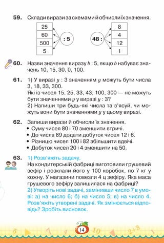 14
59.	 Складивиразизасхемамийобчислиїхзначення.
25
60
500
5
8
4
12
1
: 5 48 :
60.	 Назви значення виразу b : 5, якщо b набуває зна­
чень 10, 15, 30, 0, 100.
61.	 1) У виразі y : 3 значенням y можуть бути числа
3, 18, 33, 300.
Які із чисел 15, 25, 33, 43, 100, 300 — не можуть
бути значеннями y у виразі y : 3?
2) Напиши три будь-які числа та з’ясуй, чи мо­
жуть вони бути значеннями y у цьому виразі.
62.	 Запиши вирази й обчисли їх значення.
y
y Суму чисел 80 і 70 зменшити втричі.
y
y До числа 89 додати добуток чисел 12 і 6.
y
y Різницю чисел 100 і 82 збільшити вдвічі.
y
y Добуток чисел 20 і 4 зменшити на 50.
63.	 1) Розв’яжіть задачу.
На кондитерській фабриці виготовили грушевий
зефір і розклали його у 100 коробок, по 7 кг у
кожну. У магазини повезли 4 ц зефіру. Яка маса
грушевого зефіру залишилася на фабриці?
2) Утворіть нові задачі, замінивши число 7 в умо­
ві: а) на число 6; б) на число 5; в) на число 4.
Розв’яжіть утворені задачі. Як змінюється відпо­
відь? Зробіть висновок.
 