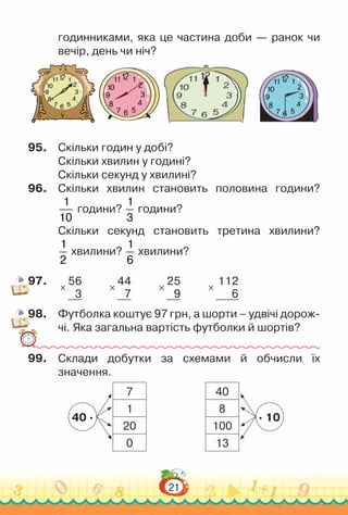 21
годинниками, яка це частина доби — ранок чи
вечір, день чи ніч?
95.	 Скільки годин у добі?
Скільки хвилин у годині?
Скільки секунд у хвилині?
96.	 Скільки хвилин становить половина години?
1
10
години?
1
3
години?
Скільки секунд становить третина хвилини?
1
2
хвилини?
1
6
хвилини?
97.	
×
56
3
×
44
7
×
25
9
×
112
6
98.	 Футболка коштує 97 грн, а шорти – удвічі дорож­
чі. Яка загальна вартість футболки й шортів?
99.	 Склади добутки за схемами й обчисли їх
значення.
40
8
100
13
7
1
20
0
· 10
40 ·
 