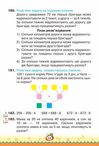 34
180.	Розв’яжи задачу за поданим планом.
Дорогу завдовжки 72 км перша бригада може
відремонтувати за 3 тижні, а друга — за 6 тижнів.
За скільки тижнів відремонтують цю дорогу дві
бригади, якщо працюватимуть разом?
План розв’язування
1)	 Скільки кілометрів дороги може відремонту­
вати за тиждень перша бригада?
2)	 Скільки кілометрів дороги може відремонту­
вати за тиждень друга бригада?
3)	 Скільки кілометрів дороги можуть відремон­
тувати за тиждень перша і друга бригади
разом?
4)	 За скільки тижнів відремонтують цю дорогу
дві бригади, якщо працюватимуть разом?
181.	Розв’яжи задачу, скориставшись схемою.
120 г сухого корму Рекс з’їдає за 3 дні, а Чапа —
за 6 днів. На скільки днів їм обом вистачить цьо­
го корму?
: :
:
+
182.	256 – 256 : 4 688 + 688 : 8 672 : 4 – 672 : 8
183.	Мама за 20 хв зліпила 40 вареників, а син за
10 хв — 10 вареників. Скільки вареників
зліплять мама й син за 5 хв, якщо ліпитимуть їх
разом?
 