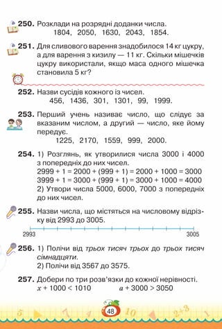 48
250.	Розклади на розрядні доданки числа.
1804, 2050, 1630, 2043, 1854.
251.	Для сливового варення знадобилося 14 кг цукру,
а для варення з кизилу — 11 кг. Скільки мішечків
цукру використали, якщо маса одного мішечка
становила 5 кг?
252.	Назви сусідів кожного із чисел.
456, 1436, 301, 1301, 99, 1999.
253.	Перший учень називає число, що слідує за
вказаним числом, а другий — число, яке йому
передує.
1225, 2170, 1559, 999, 2000.
254.	1) Розглянь, як утворилися числа 3000 і 4000
з попередніх до них чисел.
2999 + 1 = 2000 + (999 + 1) = 2000 + 1000 = 3000
3999 + 1 = 3000 + (999 + 1) = 3000 + 1000 = 4000
2) Утвори числа 5000, 6000, 7000 з попередніх
до них чисел.
255.	Назви числа, що містяться на числовому відріз­
ку від 2993 до 3005.
2993 3005
256.	1) Полічи від трьох тисяч трьох до трьох тисяч
сімнадцяти.
2) Полічи від 3567 до 3575.
257.	Добери по три розв’язки до кожної нерівності.
х + 1000 < 1010					
a + 3000 > 3050
 