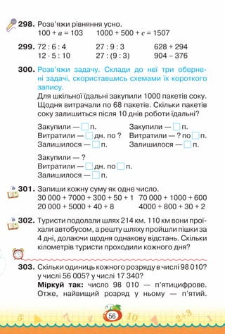 56
298.	Розв’яжи рівняння усно.
100 + а = 103			
1000 + 500 + с = 1507
299.	72 : 6 : 4					
27 : 9 : 3					
628 + 294
12 · 5 : 10					
27 : (9 : 3)				
904 – 376
300.	Розв’яжи задачу. Склади до неї три оберне­
ні задачі, скориставшись схемами їх короткого
запису.
Для шкільної їдальні закупили 1000 пакетів соку.
Щодня витрачали по 68 пакетів. Скільки пакетів
соку залишиться після 10 днів роботи їдальні?
Закупили — п.					
Закупили — п.
Витратили — дн. по ?		
Витратили — ? по п.
Залишилося — п.				
Залишилося — п.
Закупили — ?
Витратили — дн. по п.
Залишилося — п.
301.	Запиши кожну суму як одне число.
30 000 + 7000 + 300 + 50 + 1 70 000 + 1000 + 600
20 000 + 5000 + 40 + 8 				4000 + 800 + 30 + 2
302.	Туристи подолали шлях 214 км. 110 км вони прої­
хали автобусом, а решту шляху пройшли пішки за
4 дні, долаючи щодня однакову відстань. Скільки
кілометрів туристи проходили кожного дня?
303.	Скільки одиниць кожного розряду в числі 98 010?
у числі 56 005? у числі 17 340?
Міркуй так: число 98 010 — п’ятицифрове.
Отже, найвищий розряд у ньому — п’ятий.
 