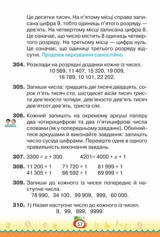 57
Це десятки тисяч. На п’ятому місці справа запи­
сана цифра 9, тобто одиниць п’ятого розряду —
дев’ять. На четвертому місці записана цифра 8.
Це означає, що число містить 8 одиниць четвер­
того розряду. На третьому місці — цифра нуль.
Це означає, що одиниці третього розряду від­
сутні. Продовж міркування самостійно.
304.	Розклади на розрядні доданки кожне із чисел.
10 569, 11 407, 15 320, 19 009,
16 789, 10 101, 22 202.
305.	Запиши числа: тридцять дві тисячі двадцять, со-
рок п’ять тисяч сто, шістдесят вісім тисяч трис-
та дев’яносто чотири, дев’яносто дев’ять тисяч
дев’ятсот дев’ять, триста сім.
306.	Кожний запишіть на окремому аркуші паперу
два чотирицифрові та два п’ятицифрові числа
словами (як у попередньому завданні). Обміняй­
теся аркушами й виконайте завдання: запишіть
число сусіда цифрами. Перевірте одне в одного
правильність виконання завдань.
307.	3300 = х + 300				
4201= 4000 + х + 1
308.	11 200 + 1			
71 720 + 1			
81 999 + 1
41 305 + 1			
66 592 + 1			
69 999 + 1
309.	Запиши до кожного із чисел попереднє й на­
ступне числа.
78 990, 34 100, 99 909, 999, 60 000.
310.	1) Назви наступне число до кожного із чисел.
9, 99, 999, 9999.
 