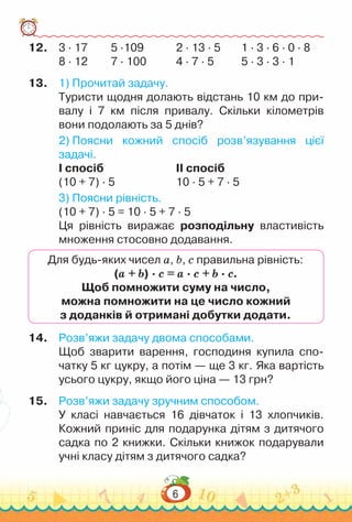 6
12.	 3 · 17			
5 ·109				
2 · 13 · 5			
1 · 3 · 6 · 0 · 8
8 · 12			
7 · 100				
4 · 7 · 5				
5 · 3 · 3 · 1
13.	 1) Прочитай задачу.
Туристи щодня долають відстань 10 км до при-
валу і 7 км після привалу. Скільки кілометрів
вони подолають за 5 днів?
2) Поясни кожний спосіб розв’язування цієї
задачі.
І спосіб							
ІІ спосіб
(10 + 7) · 5						
10 · 5 + 7 · 5
3) Поясни рівність.
(10 + 7) · 5 = 10 · 5 + 7 · 5
Ця рівність виражає розподільну властивість
множення стосовно додавання.
Для будь-яких чисел а, b, с правильна рівність:
(a + b) · c = a · c + b · c.
Щоб помножити суму на число,
можна помножити на це число кожний
з доданків й отримані добутки додати.
14.	 Розв’яжи задачу двома способами.
Щоб зварити варення, господиня купила спо-
чатку 5 кг цукру, а потім — ще 3 кг. Яка вартість
усього цукру, якщо його ціна — 13 грн?
15.	 Розв’яжи задачу зручним способом.
У  класі навчається 16 дівчаток і 13 хлопчиків.
Кожний приніс для подарунка дітям з дитячого
садка по 2 книжки. Скільки книжок подарували
учні класу дітям з дитячого садка?
 