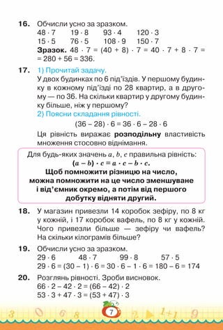 7
16.	 Обчисли усно за зразком.
48 · 7			
19 · 8			
93 · 4			
120 · 3
15 · 5			
76 · 5			
108 · 9			
150 · 7
Зразок. 48 · 7 = (40 + 8) · 7 = 40 · 7 + 8 · 7 =
= 280 + 56 = 336.
17.	 1) Прочитай задачу.
У двох будинках по 6 під’їздів. У першому будин-
ку в кожному під’їзді по 28 квартир, а в друго­
-
му — по 36. На скільки квартир у другому будин-
ку більше, ніж у першому?
2) Поясни складання рівності.
(36 – 28) · 6 = 36 · 6 – 28 · 6
Ця рівність виражає розподільну властивість
множення стосовно віднімання.
Для будь-яких значень а, b, c правильна рівність:
(a – b) · c = a · c – b · c.
Щоб помножити різницю на число,
можна помножити на це число зменшуване
і від’ємник окремо, а потім від першого
добутку відняти другий.
18.	 У магазин привезли 14 коробок зефіру, по 8 кг
у кожній, і 17 коробок вафель, по 8 кг у кожній.
Чого привезли більше — зефіру чи вафель?
На скільки кілограмів більше?
19.	 Обчисли усно за зразком.
29 · 6				
48 · 7				
99 · 8				
57 · 5
29 · 6 = (30 – 1) · 6 = 30 · 6 – 1 · 6 = 180 – 6 = 174
20.	 Розглянь рівності. Зроби висновок.
66 · 2 – 42 · 2 = (66 – 42) · 2
53 · 3 + 47 · 3 = (53 + 47) · 3
 