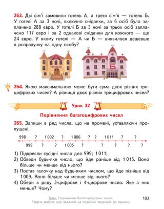 263. Дві сім’ї замовили готель А, а  третя сім’я  — готель Б.
У  готелі А  за 3 ночі, включно сніданки, за 6 осіб було за-
плачено 288 євро. У  готелі Б  за 3 ночі за трьох осіб запла-
чено 117 євро і  за 2 однакові сніданки для кожного  — ще
24 євро. У  якому готелі  — А  чи Б  — виявилося дешевше
в  розрахунку на одну особу?
264. Якою максимальною може бути сума двох різних три-
цифрових чисел? А різниця двох різних трицифрових чисел?
Урок 32
Порівняння багатоцифрових чисел
265. Запиши в  ряд числа, що на промені, уставляючи про-
пущені.
1)	Підкресли сусідні числа для 999; 1 011;
2)	Обведи будь-яке число, що йде раніше від 1 015. Воно
більше чи менше від нього?
3)	Постав галочку над будь-яким числом, що йде пізніше від
1 009. Воно більше чи менше від нього?
4)	Обери в  ряду 3-цифрове і  4-цифрове число. Яке з  них
менше? Чому?
998 ? ? ? ? ? ?
1 002 1 006 1 011
1 005
999 ? ? ? ? ?
?
?
103
Тема. Порівняння багатоцифрових чисел.
Творча робота над задачею на подвійне зведення до одиниці
 