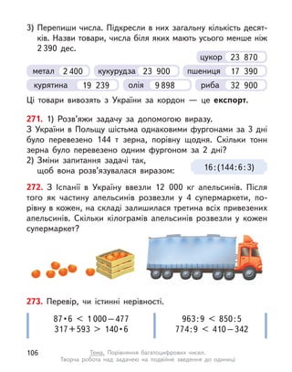 3) Перепиши числа. Підкресли в них загальну кількість десят-
ків. Назви товари, числа біля яких мають усього менше ніж
2 390 дес.
Ці товари вивозять з  України за кордон  — це експорт.
курятина 19 239 олія 9 898
метал 2 400 кукурудза 23 900
риба 32 900
пшениця 17 390
23 870
цукор
271. 1) Розв’яжи задачу за допомогою виразу.
З України в  Польщу шістьма однаковими фургонами за 3 дні
було перевезено 144 т  зерна, порівну щодня. Скільки тонн
зерна було перевезено одним фургоном за 2 дні?
2) Зміни запитання задачі так,
щоб вона розв’язувалася виразом: 16:(144:6:3)
273. Перевір, чи істинні нерівності.
87 • 6  <  1 000–477
317 + 593  >  140 • 6
963:9 < 850:5
774:9 < 410–342
272. З  Іспанії в  Україну ввезли 12 000 кг апельсинів. Після
того як частину апельсинів розвезли у  4 супермаркети, по-
рівну в кожен, на складі залишилася третина всіх привезених
апельсинів. Скільки кілограмів апельсинів розвезли у  кожен
супермаркет?
106 Тема. Порівняння багатоцифрових чисел.
Творча робота над задачею на подвійне зведення до одиниці
 