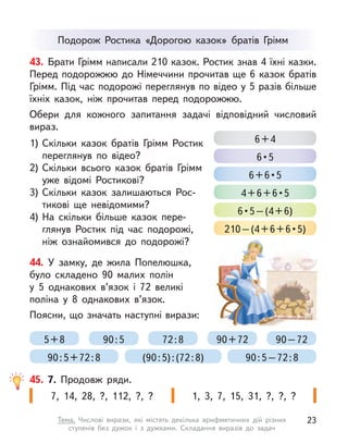 Подорож Ростика «Дорогою казок» братів Грімм
44. У  замку, де жила Попелюшка,
було складено 90 малих полін
у  5  однакових в’язок і  72 великі
поліна у  8 однакових в’язок.
Поясни, що значать наступні вирази:
5+8 72:8 90+72 90–72
90:5
90:5–72:8
90:5+72:8 (90:5):(72:8)
43. Брати Грімм написали 210 казок. Ростик знав 4 їхні казки.
Перед подорожжю до Німеччини прочитав ще 6 казок братів
Грімм. Під час подорожі переглянув по відео у 5 разів більше
їхніх казок, ніж прочитав перед подорожжю.
Обери для кожного запитання задачі відповідний числовий
вираз.
1) Скільки казок братів Грімм Ростик
переглянув по відео?
2) Скільки всього казок братів Грімм
уже відомі Ростикові?
3) Скільки казок залишаються Рос-
тикові ще невідомими?
4) На скільки більше казок пере-
глянув Ростик під час подорожі,
ніж ознайомився до подорожі?
6+4
6 • 5
6 + 6 • 5
4 + 6 + 6 • 5
6 • 5 – (4 + 6)
210 – (4 + 6 + 6 • 5)
7, 14, 28, ?, 112, ?, ? 1, 3, 7, 15, 31, ?, ?, ?
45. 7. Продовж ряди.
23
Тема. Числові вирази, які містять декілька арифметичних дій різних
ступенів без дужок і  з дужками. Складання виразів до задач
 