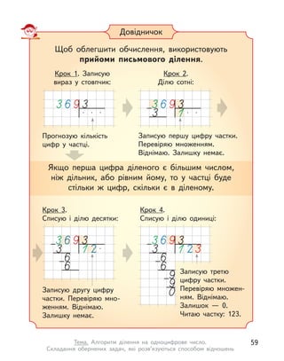Довідничок
Щоб облегшити обчислення, використовують
прийоми письмового ділення.
Якщо перша цифра діленого є  більшим числом,
ніж дільник, або рівним йому, то у  частці буде
стільки  ж цифр, скільки є  в діленому.
Прогнозую кількість
цифр у  частці.
Записую першу цифру частки.
Перевіряю множенням.
Віднімаю. Залишку немає.
Крок 1. Записую
вираз у  стовпчик:
Крок 2.
Ділю сотні:
Записую другу цифру
частки. Перевіряю мно-
женням. Віднімаю.
Залишку немає.
Крок 3.
Списую і  ділю десятки:
Крок 4.
Списую і  ділю одиниці:
Записую третю
цифру частки.
Перевіряю множен-
ням. Віднімаю.
Залишок  — 0.
Читаю частку: 123.
59
Тема. Алгоритм ділення на одноцифрове число.
Складання обернених задач, які розв’язуються способом відношень
 