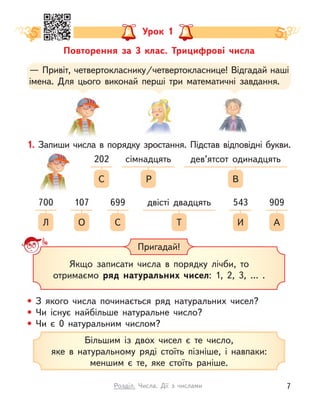 Повторення за 3 клас. Трицифрові числа
Урок 1
Якщо записати числа в  порядку лічби, то
отримаємо ряд натуральних чисел: 1, 2, 3, … .
Пригадай!
— Привіт, четвертокласнику/четвертокласнице! Відгадай наші
імена. Для цього виконай перші три математичні завдання.
1. Запиши числа в порядку зростання. Підстав відповідні букви.
Л
700
О
107
С
699
И
543
А
909
Т
двісті двадцять
С
202
В
дев’ятсот одинадцять
Р
сімнадцять
• З  якого числа починається ряд натуральних чисел?
• Чи існує найбільше натуральне число?
• Чи є  0 натуральним числом?
Більшим із двох чисел є  те число,
яке в  натуральному ряді стоїть пізніше, і  навпаки:
меншим є  те, яке стоїть раніше.
7
Розділ. Числа. Дії з  числами
 