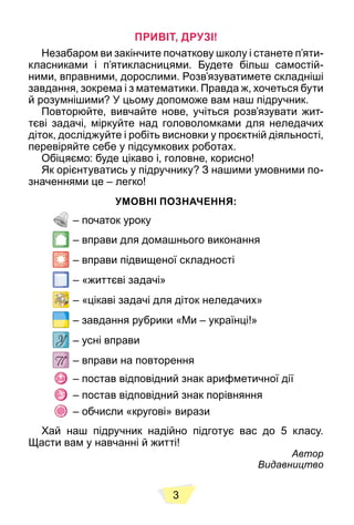 3
ПРИВІТ, ДРУЗІ!
Незабаром ви закінчите початкову школу і станете п’яти-
класниками і п’ятикласницями. Будете більш самостій-
ними, вправними, дорослими. Розв’язуватимете складніші
завдання, зокрема і з математики. Правда ж, хочеться бути
й розумнішими? У цьому допоможе вам наш підручник.
Повторюйте, вивчайте нове, учіться розв’язувати жит-
тєві задачі, міркуйте над головоломками для неледачих
діток, досліджуйте і робіть висновки у проєктній діяльності,
перевіряйте себе у підсумкових роботах.
Обіцяємо: буде цікаво і, головне, корисно!
Як орієнтуватись у підручнику? З нашими умовними по-
значеннями це – легко!
УМОВНІ ПОЗНАЧЕННЯ:
– початок уроку
– вправи для домашнього виконання
– вправи підвищеної складності
– «життєві задачі»
– «цікаві задачі для діток неледачих»
– завдання рубрики «Ми – українці!»
– усні вправи
– вправи на повторення
– постав відповідний знак арифметичної дії
– постав відповідний знак порівняння
– обчисли «кругові» вирази
Хай наш підручник надійно підготує вас до 5 класу.
Щасти вам у навчанні й житті!
Автор
Видавництво
 