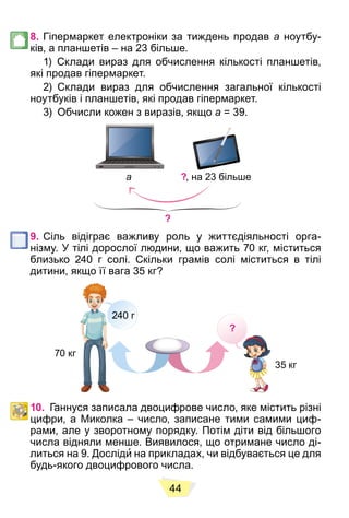 44
8. Гіпермаркет електроніки за тиждень продав a ноутбу-
ків, а планшетів – на 23 більше.
1) Склади вираз для обчислення кількості планшетів,
які продав гіпермаркет.
2) Склади вираз для обчислення загальної кількості
ноутбуків і планшетів, які продав гіпермаркет.
3) Обчисли кожен з виразів, якщо a = 39.
?
?, на 23 більше
9. Сіль відіграє важливу роль у життєдіяльності орга-
нізму. У тілі дорослої людини, що важить 70 кг, міститься
близько 240 г солі. Скільки грамів солі міститься в тілі
дитини, якщо її вага 35 кг?
70 кг
?
35 кг
240 г
10. Ганнуся записала двоцифрове число, яке містить різні
цифри, а Миколка – число, записане тими самими циф-
рами, але у зворотному порядку. Потім діти від більшого
числа відняли менше. Виявилося, що отримане число ді-
литься на 9. Досліди на прикладах, чи відбувається це для
будь-якого двоцифрового числа.
 