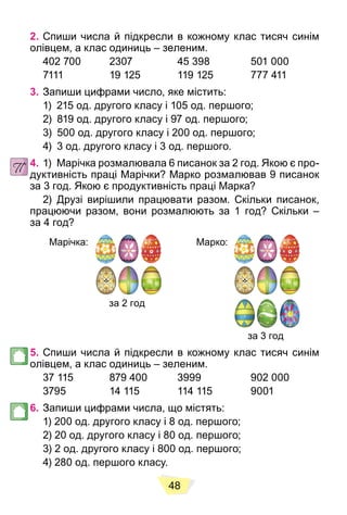 48
2. Спиши числа й підкресли в кожному клас тисяч синім
олівцем, а клас одиниць – зеленим.
402 700 2307 45 398 501 000
7111 19 125 119 125 777 411
3. Запиши цифрами число, яке містить:
1) 215 од. другого класу і 105 од. першого;
2) 819 од. другого класу і 97 од. першого;
3) 500 од. другого класу і 200 од. першого;
4) 3 од. другого класу і 3 од. першого.
4. 1) Марічка розмалювала 6 писанок за 2 год. Якою є про-
дуктивність праці Марічки? Марко розмалював 9 писанок
за 3 год. Якою є продуктивність праці Марка?
2) Друзі вирішили працювати разом. Скільки писанок,
працюючи разом, вони розмалюють за 1 год? Скільки –
за 4 год?
Марко:
за 3 год
Марічка:
за 2 год
5. Спиши числа й підкресли в кожному клас тисяч синім
олівцем, а клас одиниць – зеленим.
37 115 879 400 3999 902 000
3795 14 115 114 115 9001
6. Запиши цифрами числа, що містять:
1) 200 од. другого класу і 8 од. першого;
2) 20 од. другого класу і 80 од. першого;
3) 2 од. другого класу і 800 од. першого;
4) 280 од. першого класу.
 