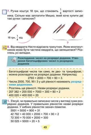 49
7. Ручка коштує 18 грн, що становить
1
4
вартості запис-
ника. Скільки має заплатити Мишко, який хоче купити дві
такі ручки і записник?
18 грн,
1
4
від
?
8. Від квадрата Настя відрізала трикутник. Яким многокут-
ником може бути частина квадрата, що залишилася? Роз-
глянь усі випадки.
Розкладання чисел на розрядні доданки. Утво-
рення багатоцифрових чисел із розрядних
доданків
Багатоцифрові числа так само, як дво- та трицифрові,
можна розкладати на розрядні доданки. Наприклад:
2793 = 2000 + 700 + 90 + 3.
Числа 2000, 700, 90 і 3 у цій рівності називають розряд-
ними доданками.
Розглянь ще рівності. Назви розрядні доданки.
207 382 = 200 000 + 7000 + 300 + 80 + 2
400 020 = 400 000 + 20
1. З’ясуй, чи правильно записано числа у вигляді суми роз-
рядних доданків. У правильних рівностях назви розрядні
доданки. У хибних рівностях зазнач помилки.
5931 = 5000 + 900 + 31
42 792 = 40 000 + 2000 + 700 + 90 + 2
72 300 = 70 000 + 2000 + 300
50 025 = 5000 + 20 + 5
 