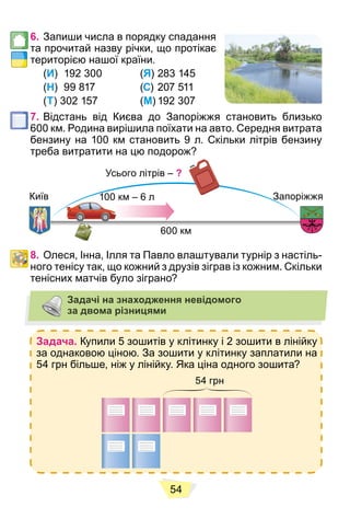 54
6. Запиши числа в порядку спадання
та прочитай назву річки, що протікає
територією нашої країни.
(И) 192 300 (Я) 283 145
(Н) 99 817 (С) 207 511
(Т) 302 157 (М) 192 307
7. Відстань від Києва до Запоріжжя становить близько
600 км. Родина вирішила поїхати на авто. Середня витрата
бензину на 100 км становить 9 л. Скільки літрів бензину
треба витратити на цю подорож?
Усього літрів – ?
Київ Запоріжжя
600 км
100 км – 6 л
1
8. Олеся, Інна, Ілля та Павло влаштували турнір з настіль-
ного тенісу так, що кожний з друзів зіграв із кожним. Скільки
тенісних матчів було зіграно?
Задачі на знаходження невідомого
за двома різницями
Задача. Купили 5 зошитів у клітинку і 2 зошити в лінійку
за однаковою ціною. За зошити у клітинку заплатили на
54 грн більше, ніж у лінійку. Яка ціна одного зошита?
54 грн
 
