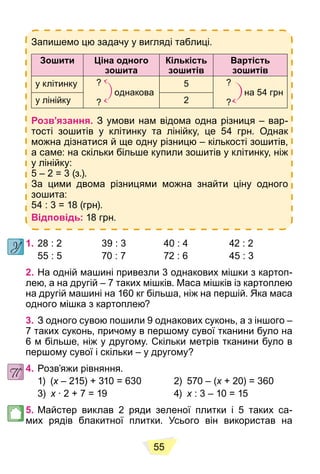 55
Запишемо цю задачу у вигляді таблиці.
Зошити Ціна одного
зошита
Кількість
зошитів
Вартість
зошитів
у клітинку ?
однакова
?
5 ?
на 54 грн
?
у лінійку 2
Розв’язання. З умови нам відома одна різниця – вар-
тості зошитів у клітинку та лінійку, це 54 грн. Однак
можна дізнатися й ще одну різницю – кількості зошитів,
а саме: на скільки більше купили зошитів у клітинку, ніж
у лінійку:
5 – 2 = 3 (з.).
За цими двома різницями можна знайти ціну одного
зошита:
54 : 3 = 18 (грн).
Відповідь: 18 грн.
1. 28 : 2 39 : 3 40 : 4 42 : 2
55 : 5 70 : 7 72 : 6 45 : 3
2. На одній машині привезли 3 однакових мішки з картоп-
лею, а на другій – 7 таких мішків. Маса мішків із картоплею
на другій машині на 160 кг більша, ніж на першій. Яка маса
одного мішка з картоплею?
3. З одного сувою пошили 9 однакових суконь, а з іншого –
7 таких суконь, причому в першому сувої тканини було на
6 м більше, ніж у другому. Скільки метрів тканини було в
першому сувої і скільки – у другому?
4. Розв’яжи рівняння.
1) (x – 215) + 310 = 630 2) 570 – (
x x + 20) = 360
x
3) x ∙ 2 + 7 = 19 4)
x x : 3 – 10 = 15
x
5. Майстер виклав 2 ряди зеленої плитки і 5 таких са-
мих рядів блакитної плитки. Усього він використав на
 