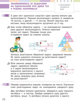 58
ЗНАЙОМИМОСЬ ІЗ ЗАДАЧАМИ
НА ОДНОЧАСНИЙ РУХ ДВОХ ТІЛ
У РІЗНИХ НАПРЯМКАХ
1 З двох міст одночасно назустріч один одному виїхали два
велосипедисти. Перший велосипедист рухався зі швидкістю
10 км/год, а другий — 11 км/год. Визнач відстань між
містами, якщо велосипедисти зустрілися за 2 год.
Іван склав обернену задачу — на знаходження швидкості
руху другого велосипедиста. Поясни короткий
запис цієї задачі. Проведи пошук роз-
в’язування задачі за схемою аналізу.
9
42
2
.
10
–
?
?
?
2
:
s1
v1 =10
км
год
s2
v2 —?
t=2 год
s=42 км
Запиши розв’язання оберненої задачі, одержаної Іваном.
Як зміна шуканого вплинула на розв’язання задачі?
на план розв’язування задачі?
Юля змінила умову оберненої
задачі, одержаної Іваном:
у її задачі велосипедисти
вирушили одночасно з одного
місця в протилежних напрямках.
Як зміна напрямку руху вплине
на розв’язання?
2 Перевір правильність виразів, складених до тексту. Узагальни
план розв’язування задач на знаходження швидкості руху.
Два автобуси виїхали одночасно. Швидкість руху першого
автобуса — а км/год. Знайди швидкість руху другого
автобуса, якщо: 1) автобуси почали рухатися з одного
1
s1
v1 =10
км
год
s2
v2 —?
t=2 год
s=42 км
2
• Знаходимо
швидкість
руху
 